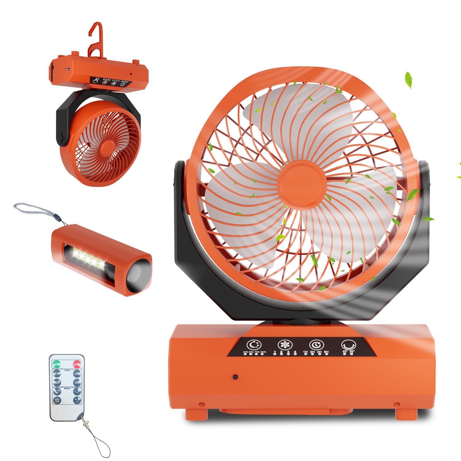 Ventilatore da campeggio con gancio e lanterna a LED, portatile, 20000 mAh, 2 in 1, orientabile a 270°, 3 velocità, ventilatore USB per campeggio, picnic, ufficio, camera da letto (arancione)