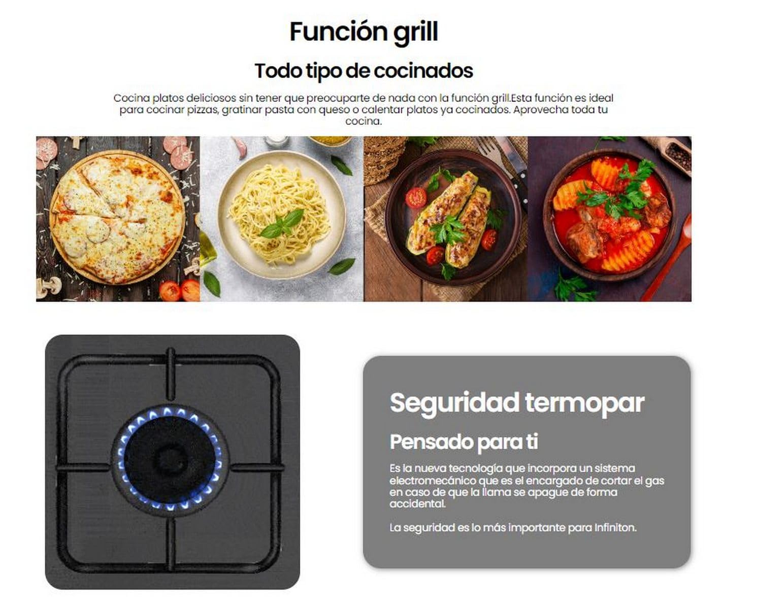 INFINITON Cocina con Horno de Gás CC90X2W4F, 4 Zonas, Quemador Wok, Ancho de 90 cm, Regulación en altura, Limpieza fácil, Compartimento porta-bombonas