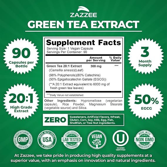 Zazzee Extra Strength Green Tea 20:1 Extract, 50% EGCG, 90 Vegan Capsules