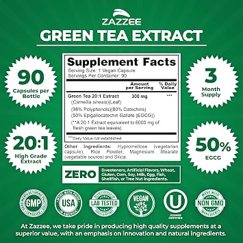 Zazzee Extra Strength Green Tea 20:1 Extract, 50% EGCG, 90 Vegan Capsules