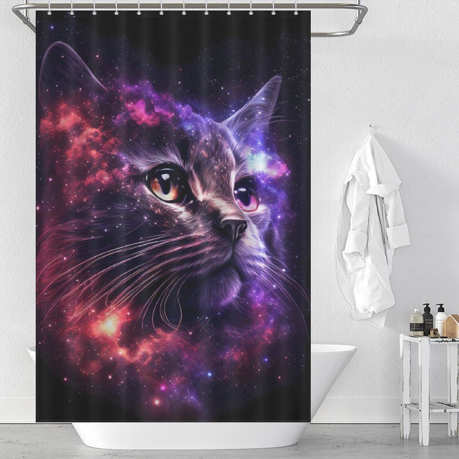 Rideau de douche chat étoilé pour baignoire anti éclaboussures en tissu polyester