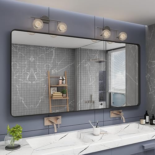 VANLIO Espejo de baño negro de 60 x 28 pulgadas, espejo de baño grande con marco mate para pared, espejo de pared rectangular moderno, cono redondo,