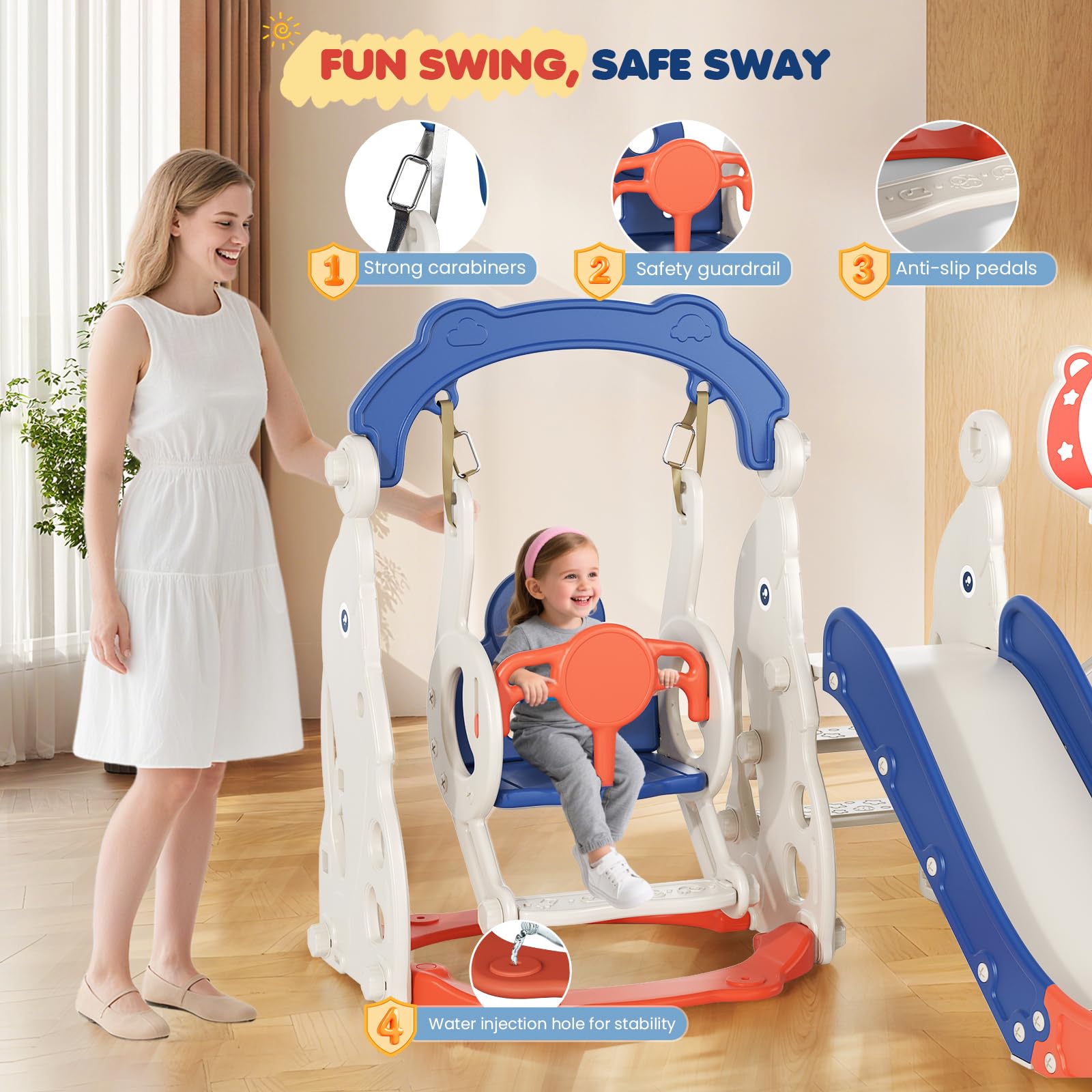 6-in-1-Kinderrutsche für drinnen und draußen, große Kleinkind Rutsche | Basketballkorb,Klettergerüst , Teleskop, extralange Rutschbahnfür 1-5 Jahre，Montessori Baby-Gartenrutschen-Spielset