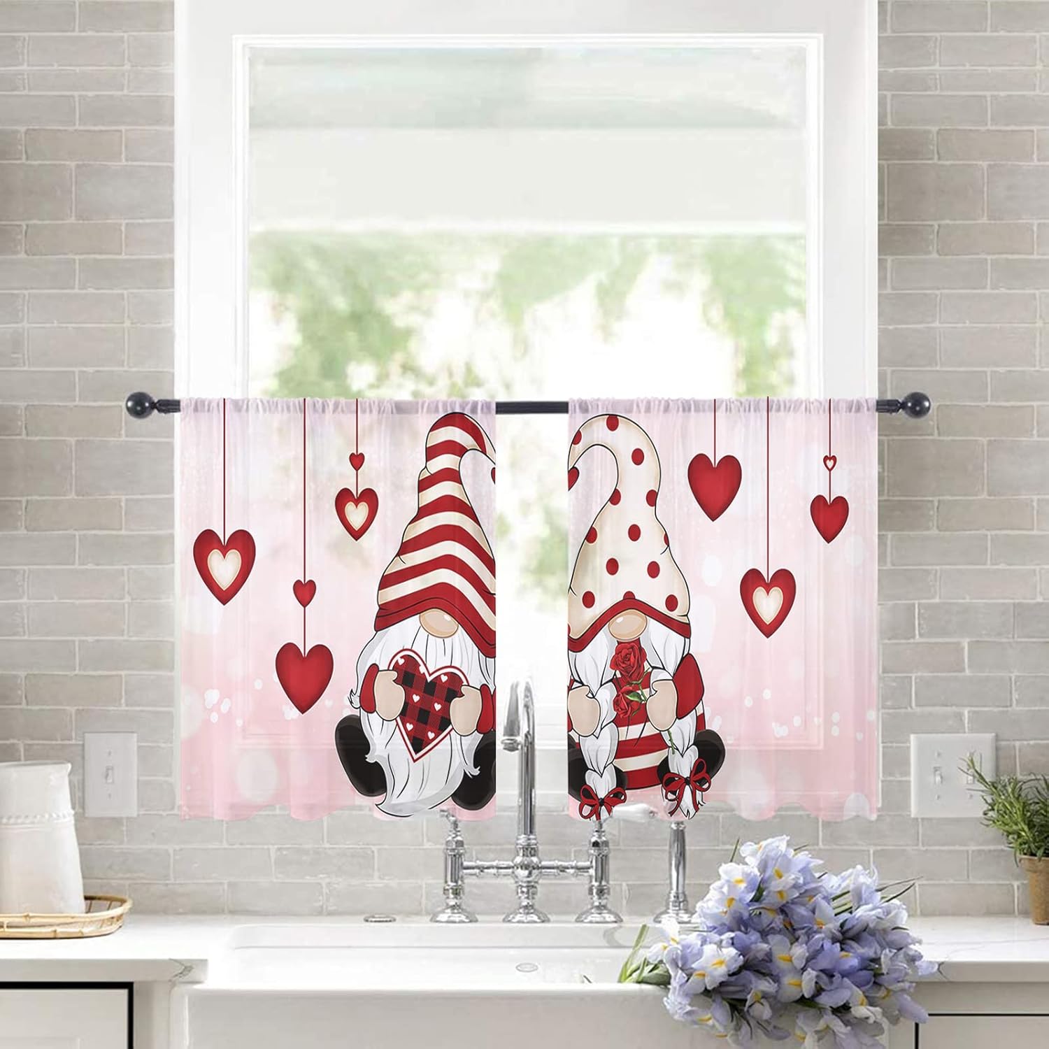 Valentine's Day Sheer Curtains 54 Inches Long Valentine's Day Gnome Couple Pink Love Heart Curtains Rod Pocket Semi Sheer Panels Polyester Living Room Curtains Window Treatment, 2 Panels, 52x54 Inch