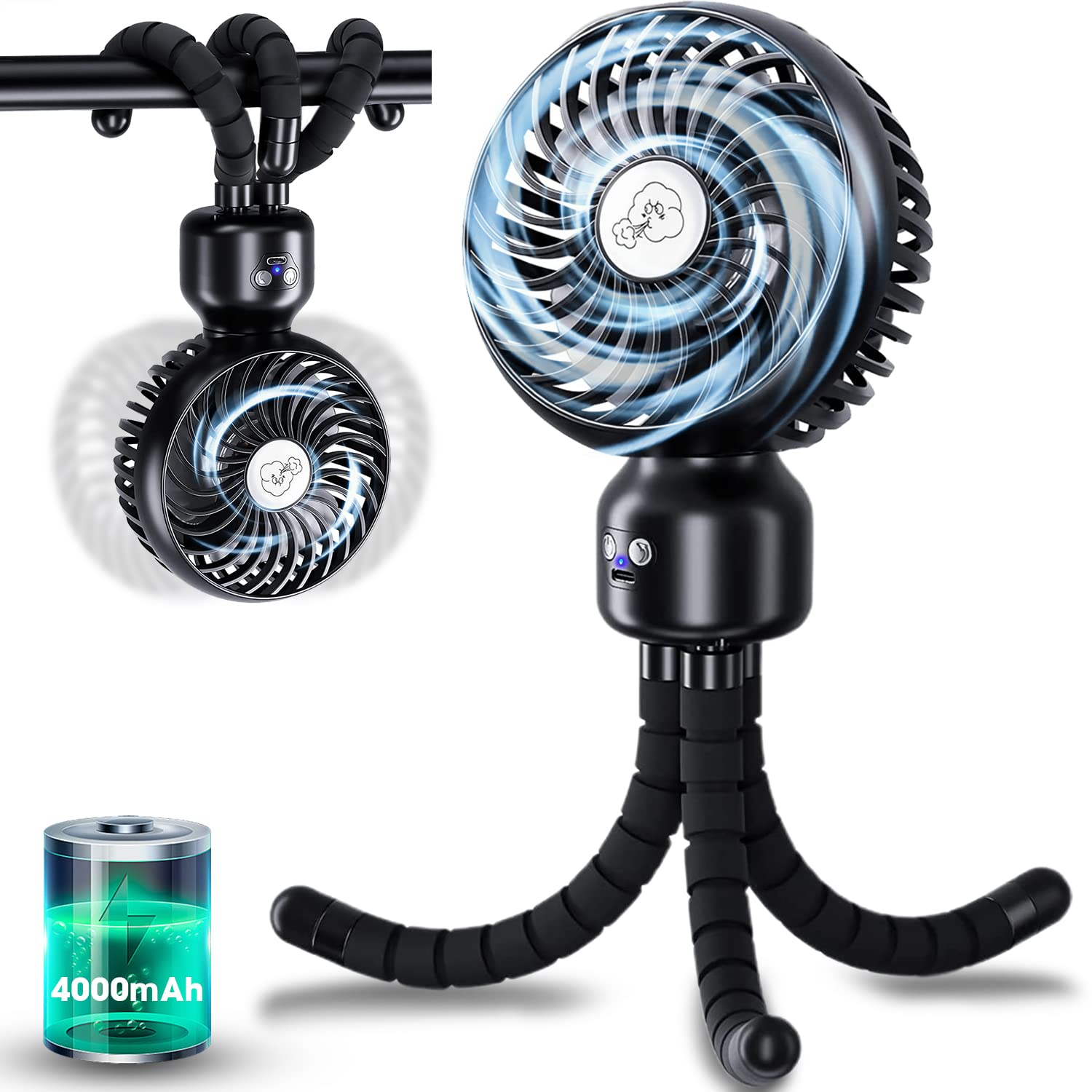 Clip-on Pram Fan 4000mAh Rechargeable Mini Auto Oscillating Stroller Fan, 3 Speed, Quiet Portable Handheld Personal Desk Cooling Fan(Max 20H) with Flexible Tripod for Office Bedroom Car Bike Camping