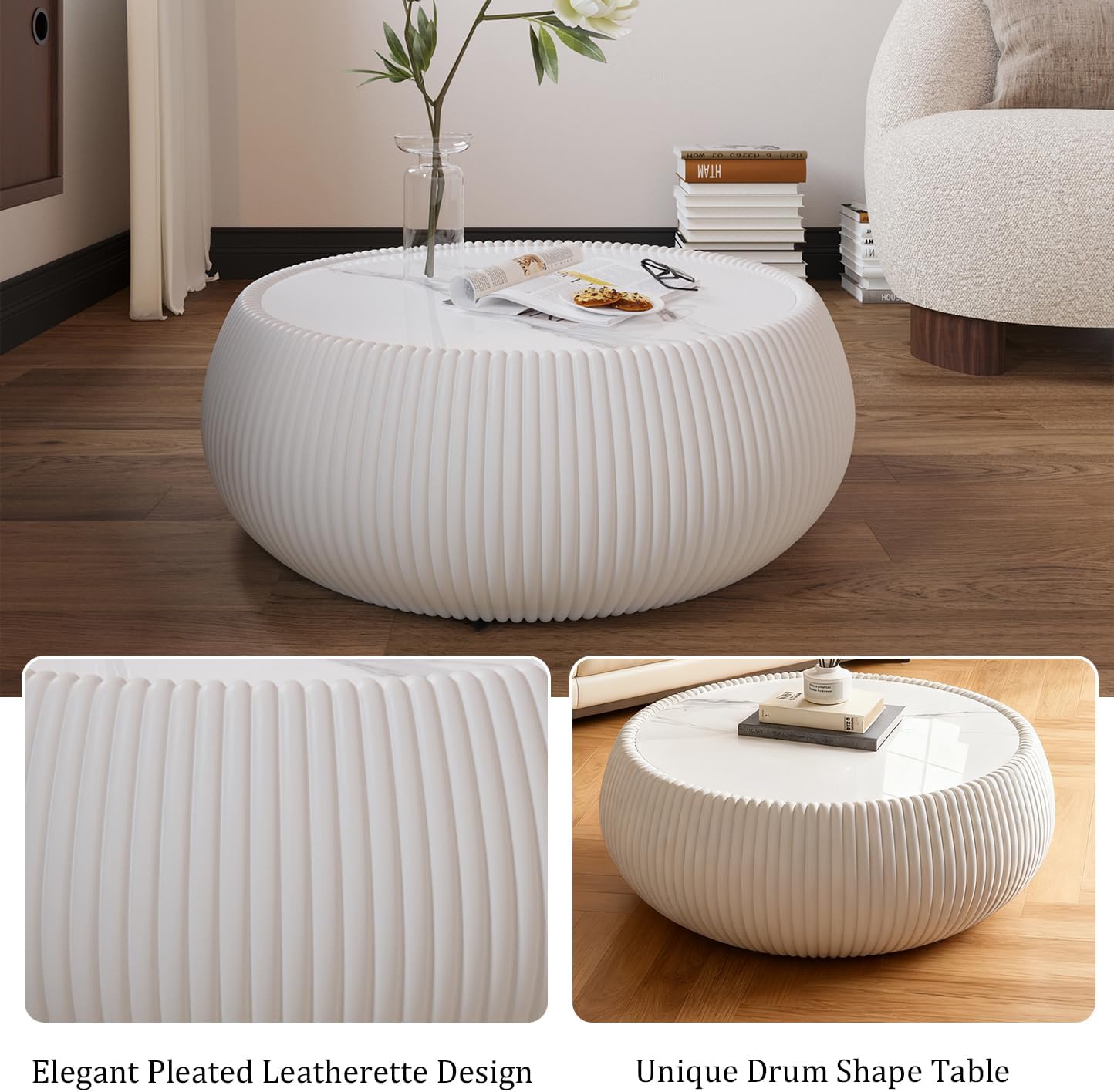 Round Drum Coffee Table Modern Sintered Stone Top Coffee Table in Cream White Leatherette Drum-Shape Center Table for Living Room Bedroom,Fully Assembled