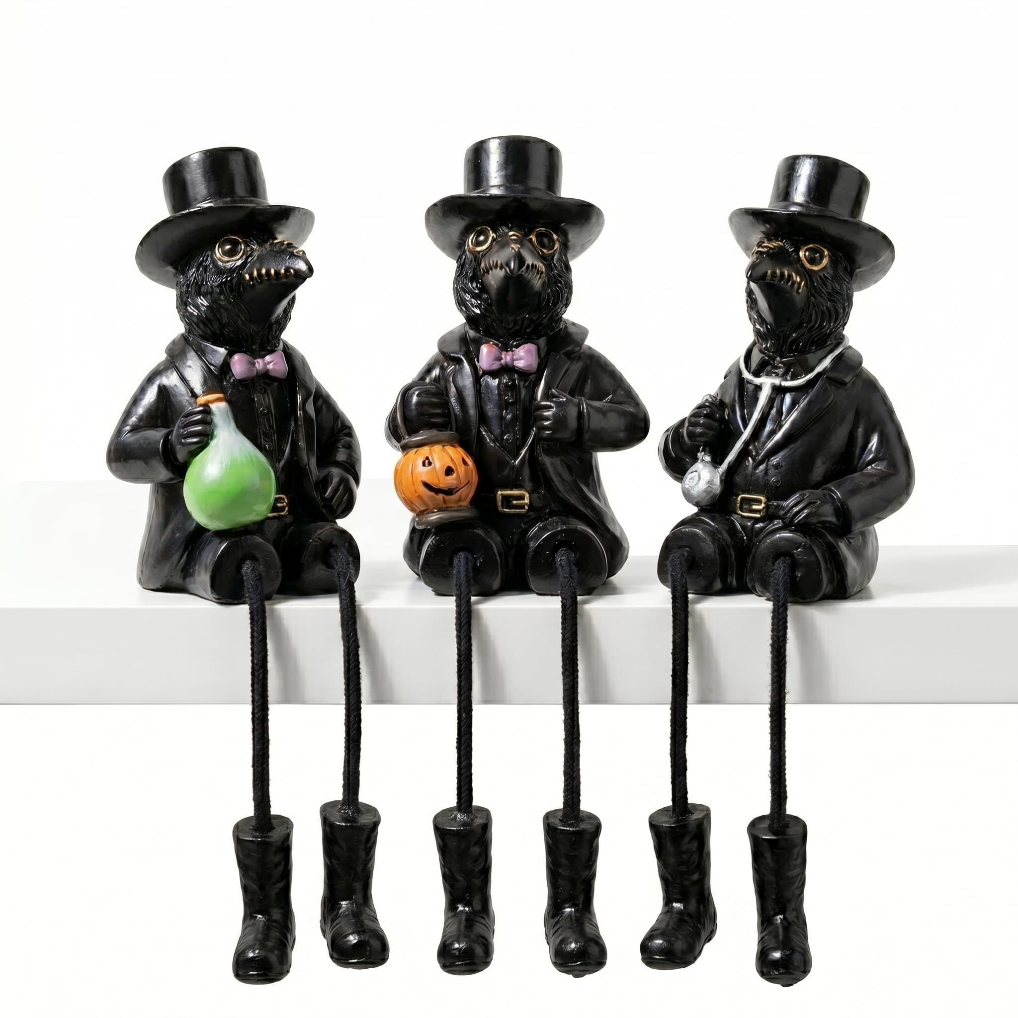 Halloween Plague Doctor Decor with Dangling Legs Figurines Gothic Decor | 3Pcs Resin Scary Crow Table Fireplace Shelf Sitting Figurines for Halloween Party Mantel Decor