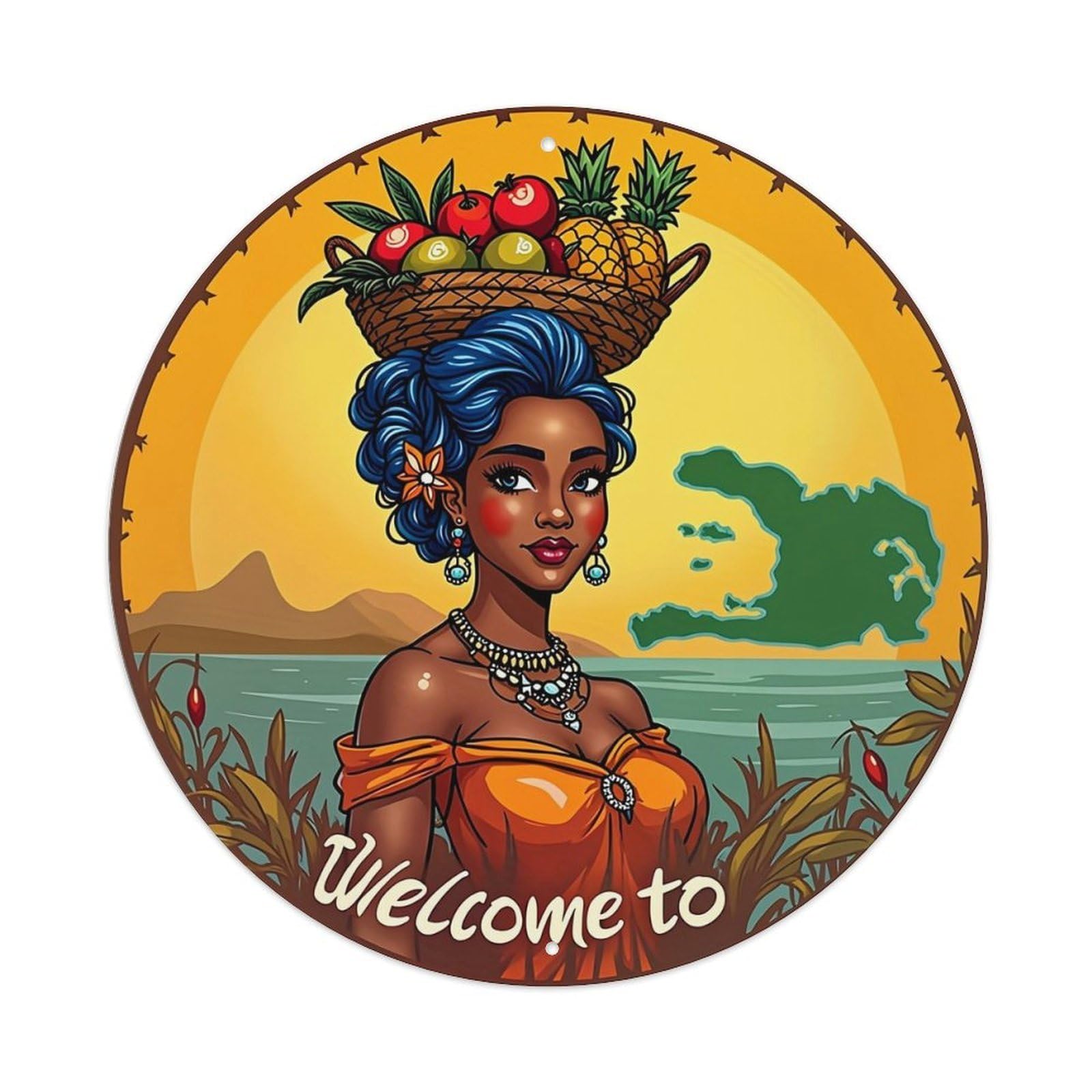Tropical Woman With Fruit Basket Tin Sign Metal Poster Vintage Metal Signs for Home Man Cave Bar Cafe Kitchen laundry room Wall Decorations Gift 8x8Inch