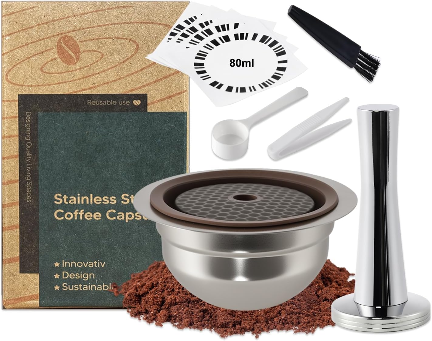 Reusable Stainless Steel Coffee Capsule for Nes-resso Ve-tuo, 80mL Refillable Pod with Food Grade Silicone Lids and 41mm Tamper, Compatible with Ve-tuo Plus/Pop/Next Machines