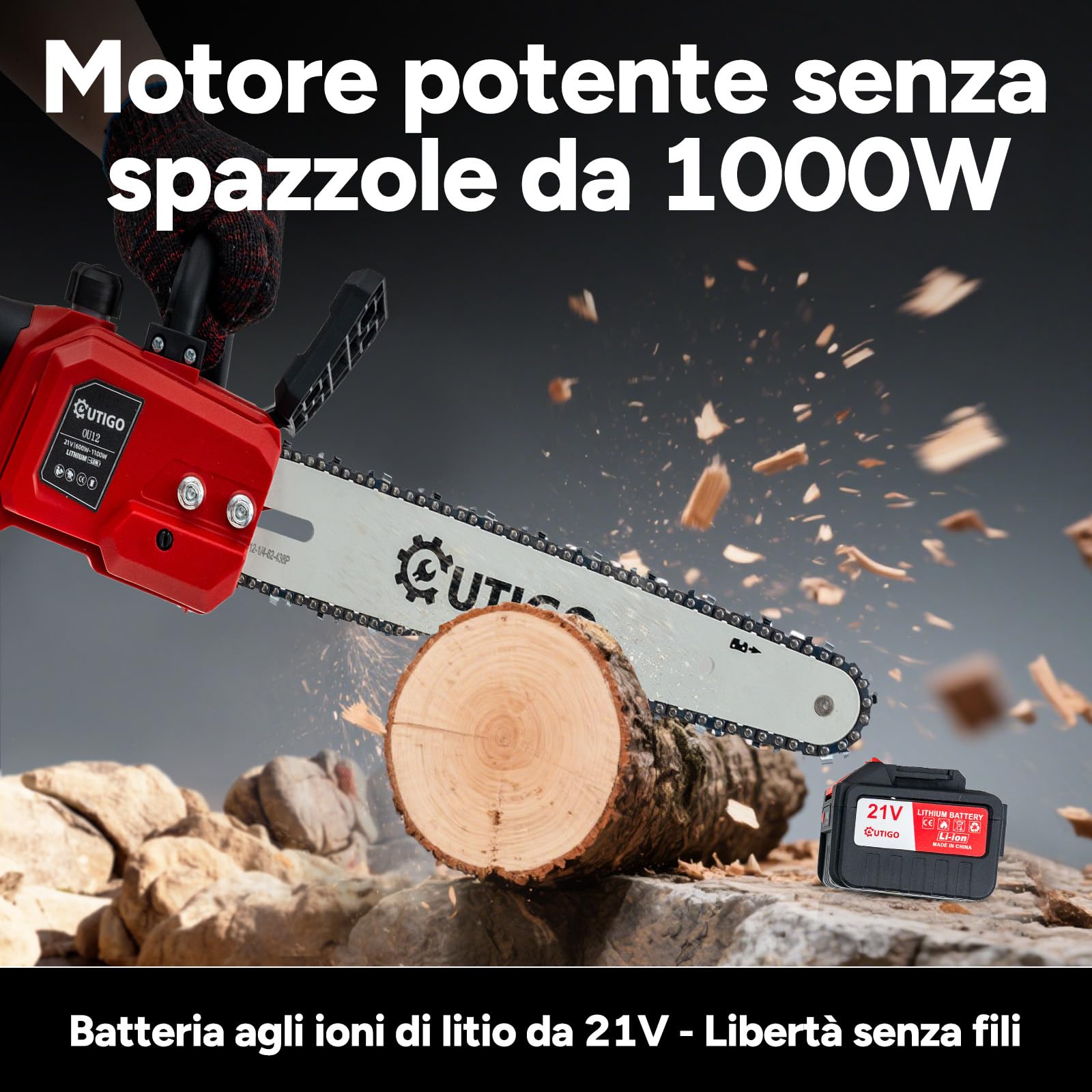 OUTIGO Motosega a batteria, 12 Pollici Motosega motore brushless da 1000 W, motosega elettrica con 2 batterie da 4500 mAh, 1 catena + 1 barra guida