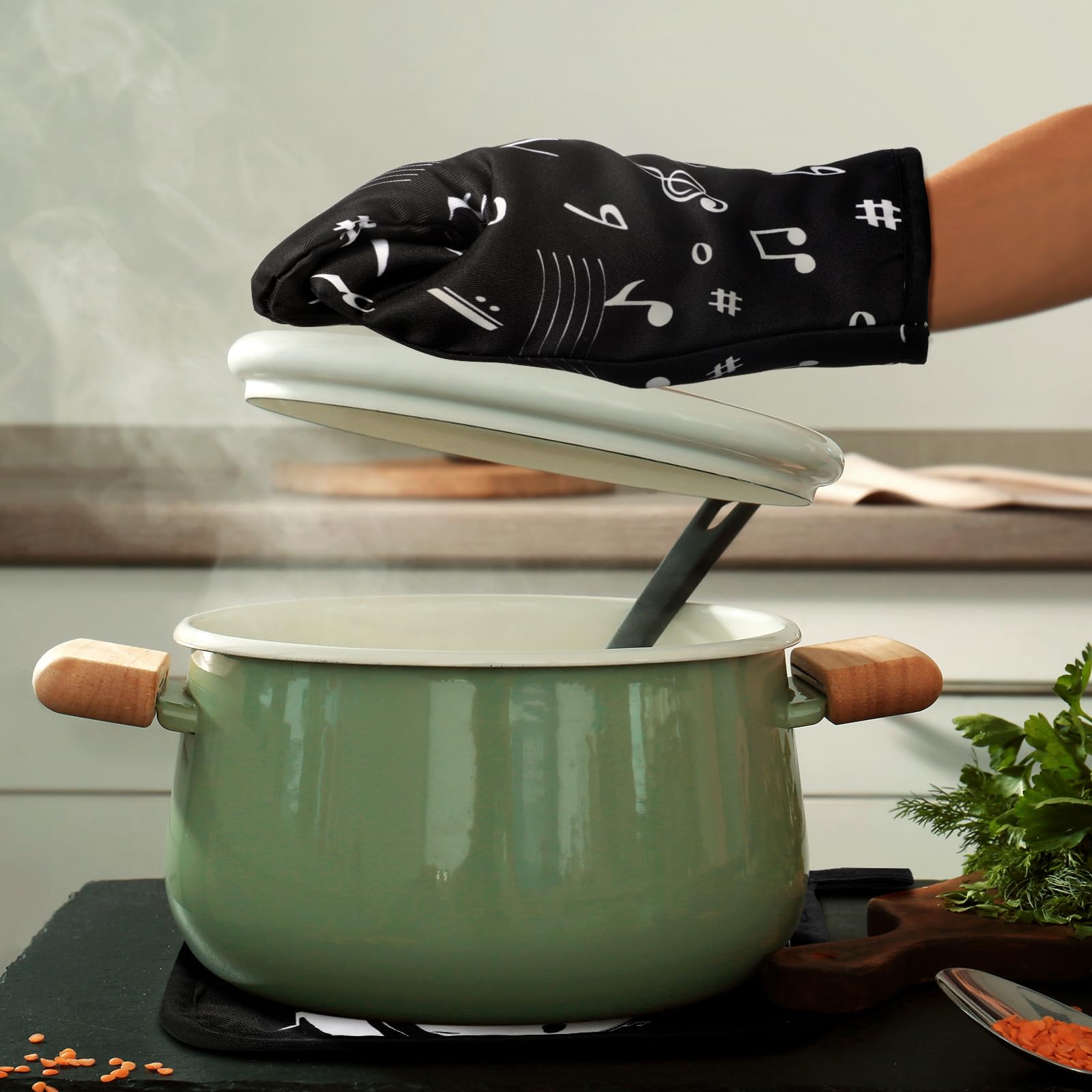 Juego de 8 piezas de accesorios de decoración de cocina con notas musicales, toallas de granja, guantes de horno, soportes para ollas, juego de paños de cocina decorativos absorbentes para 4