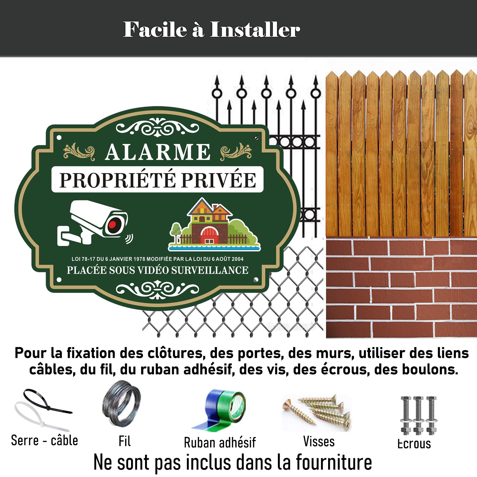 Panneau Vidéo Surveillance 24h/24 Propriété Privée Aluminium - 2 Pièces 30x15cm - Résistant UV Et Imperméable