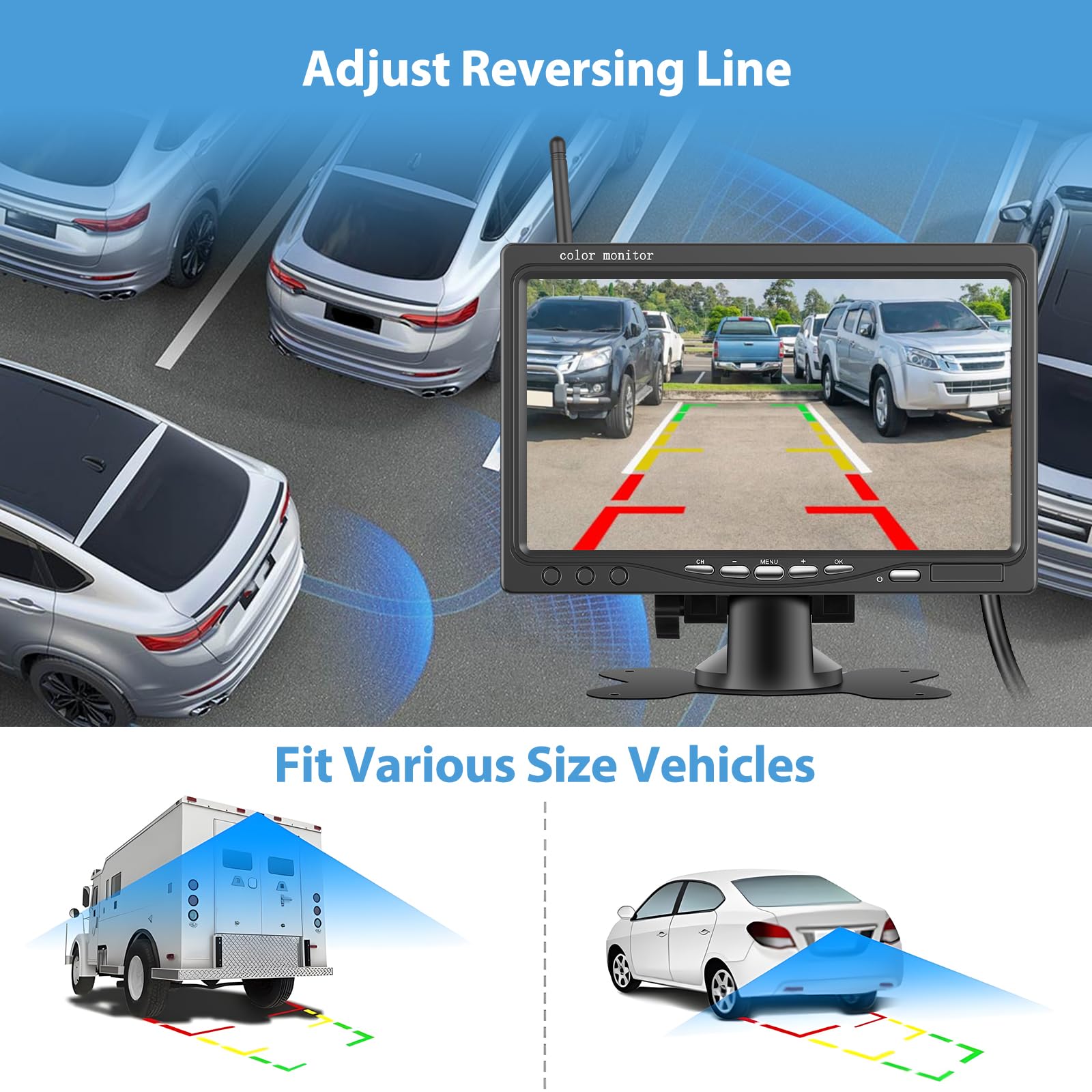 Cámara de reversa inalámbrica Motorsi de 7 Pulgadas, Pantalla HD 1080P, visión Nocturna e Impermeable IP68, Sistema de reversa para Autos, SUV, Furgonetas, camionetas y Camiones, visión Trasera BSD