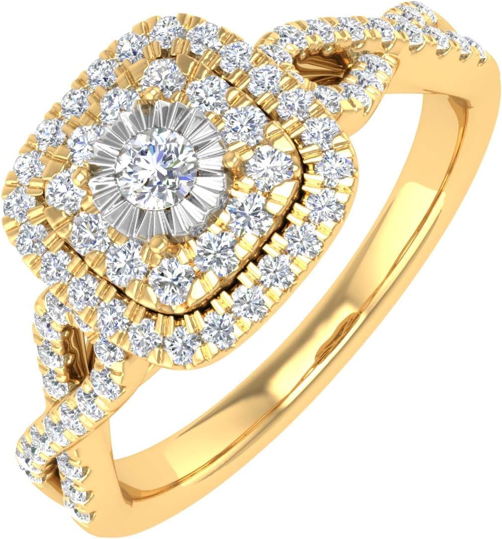 FINEROCK 1/2 Carat Cushion cut Halo Diamond Engagement Ring in 14K Gold