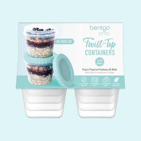 Bentgo Prep - 20 Piece 16 fl oz Leak-Proof Deli Containers with Lids, Food Storage for Meal Prep, Twist-Top, Reusable, PFAS & BPA-Free, Stackable, Microwave, Freezer, Dishwasher Safe (Sea Blue)
