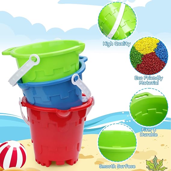 Beach Sand Toy Bucket Gear For Kids Adult, 7 Plastic Beach Castle Mold Buckets, Sand Pail Water Bucket for Summer Party Fishing, Space Saving Outdoor Waterpot for Garden Camping Accessory (3PCS)