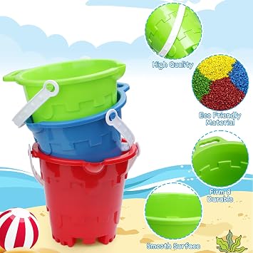 Beach Sand Toy Bucket Gear For Kids Adult, 7 Plastic Beach Castle Mold Buckets, Sand Pail Water Bucket for Summer Party Fishing, Space Saving Outdoor Waterpot for Garden Camping Accessory (3PCS)