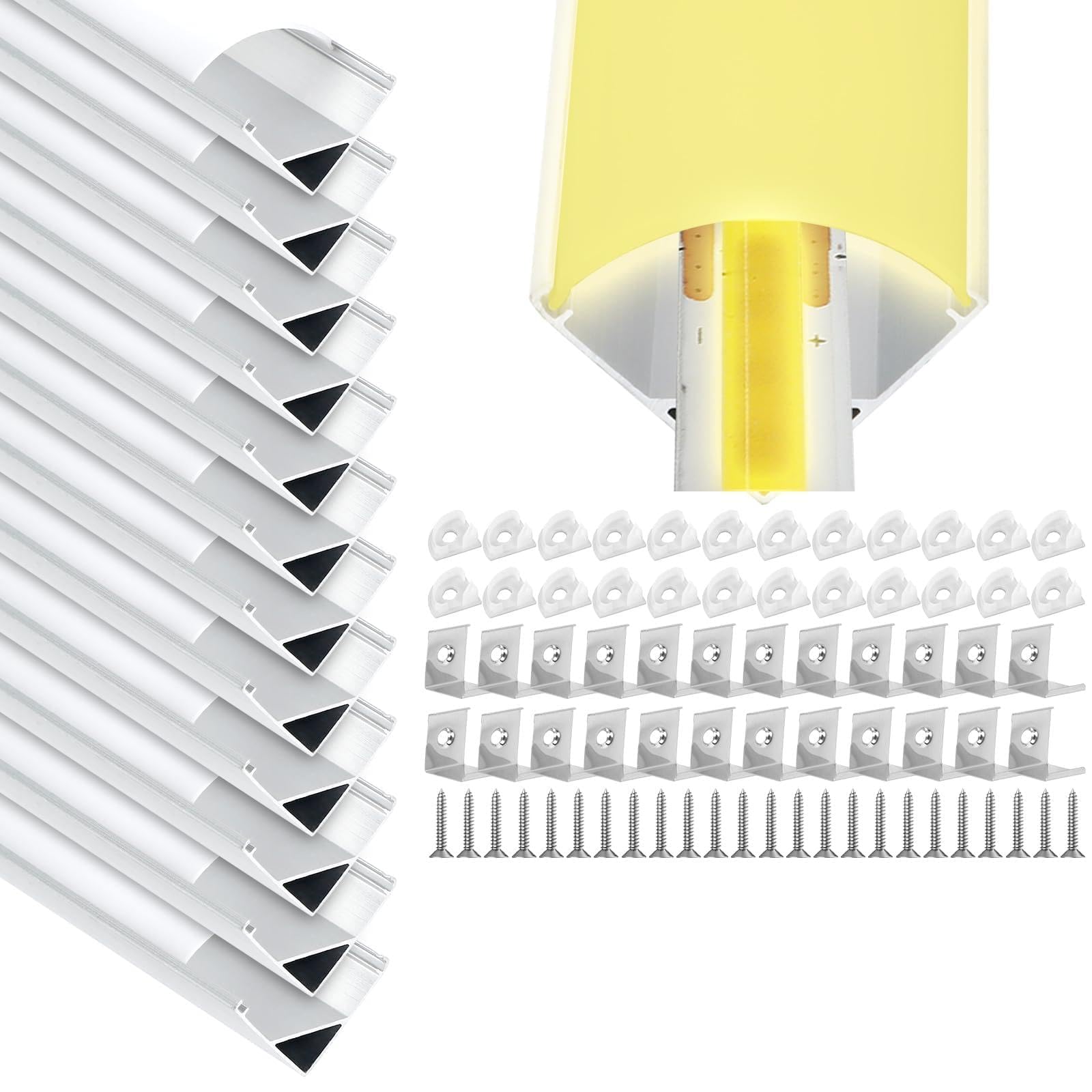 Perfil de aluminio para esquinas de LED, 12 unidades x 1 m, en forma de V, perfil LED para tiras LED de hasta 10 mm, barra de aluminio negro con difusor de canal, tapas finales, clip de montaje