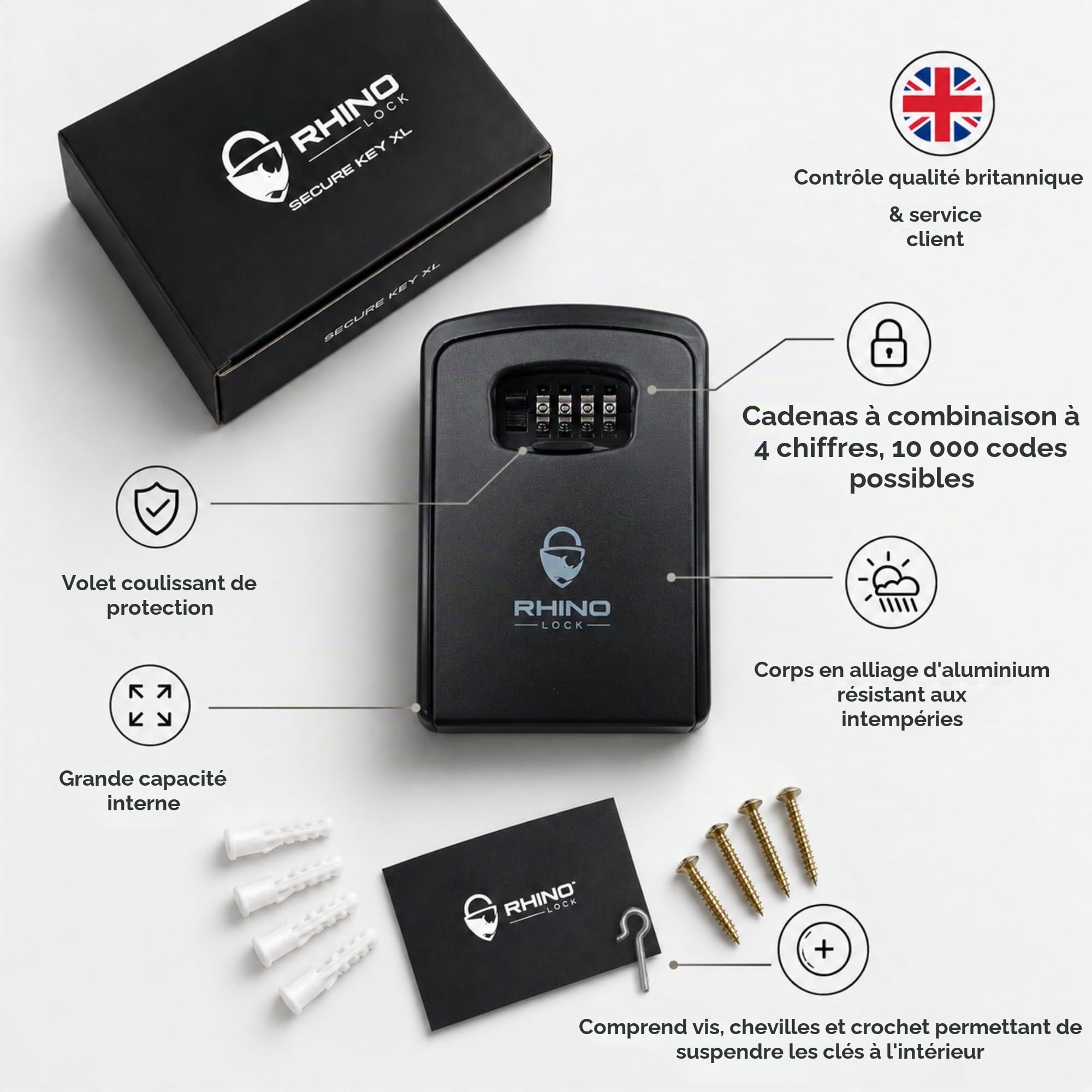 Rhino Lock Secure Key Stealth XL - Boite à clés à Code pour Utilisation en extérieur — Cache clé Mural sécurisé — pour clés de Maison ou de Bureau - Combinaison à 4 Chiffres - Grande capacité - Noir