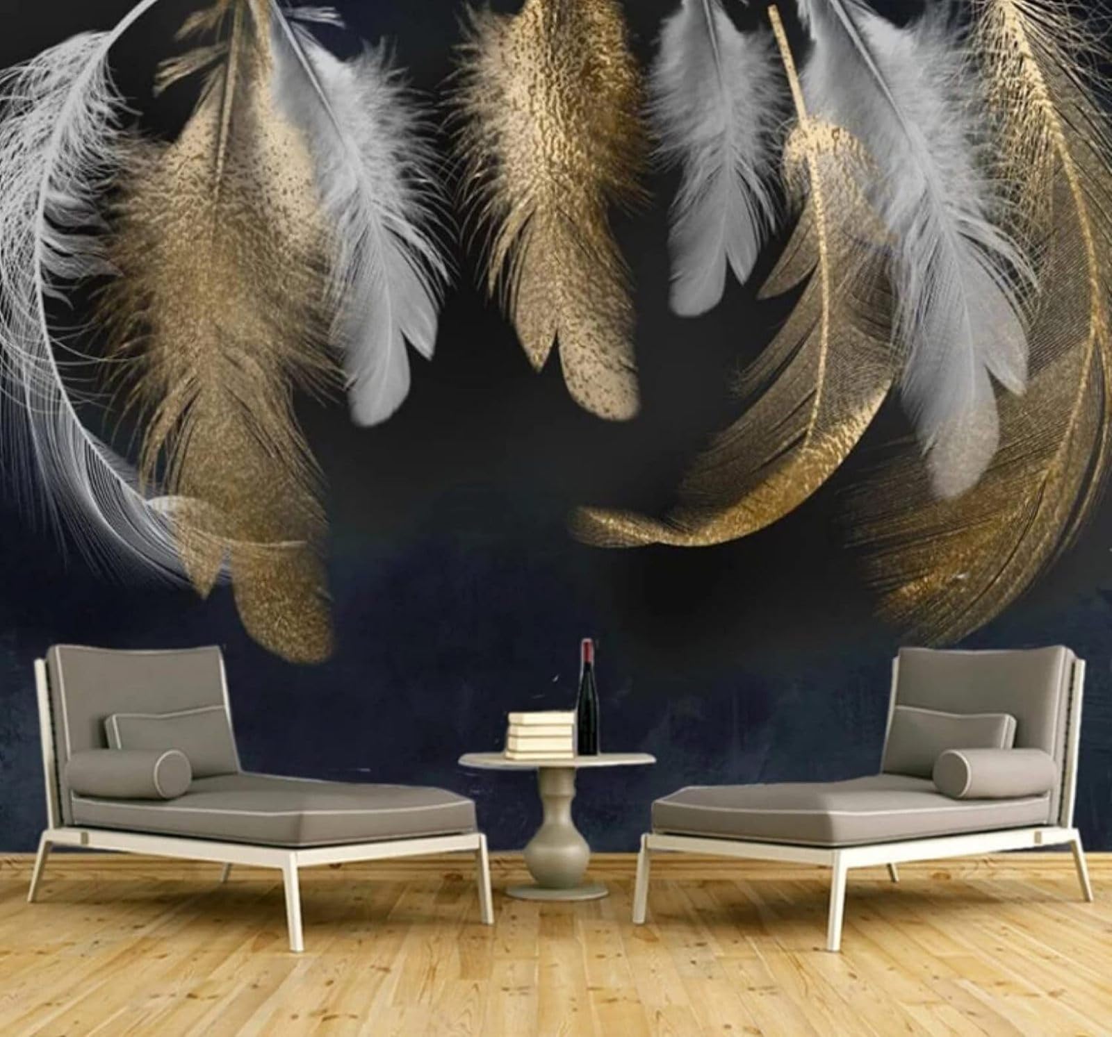 Wallpaper-3D-Xlm 250Cm×170Cm(B×H) Minimalist Luxury Inspired Gold White Feathers 3D Wallpaper Easy Install Feature Office Living Room Sofa Bedroom Tv Background Wall Decoration-250Cm×170Cm