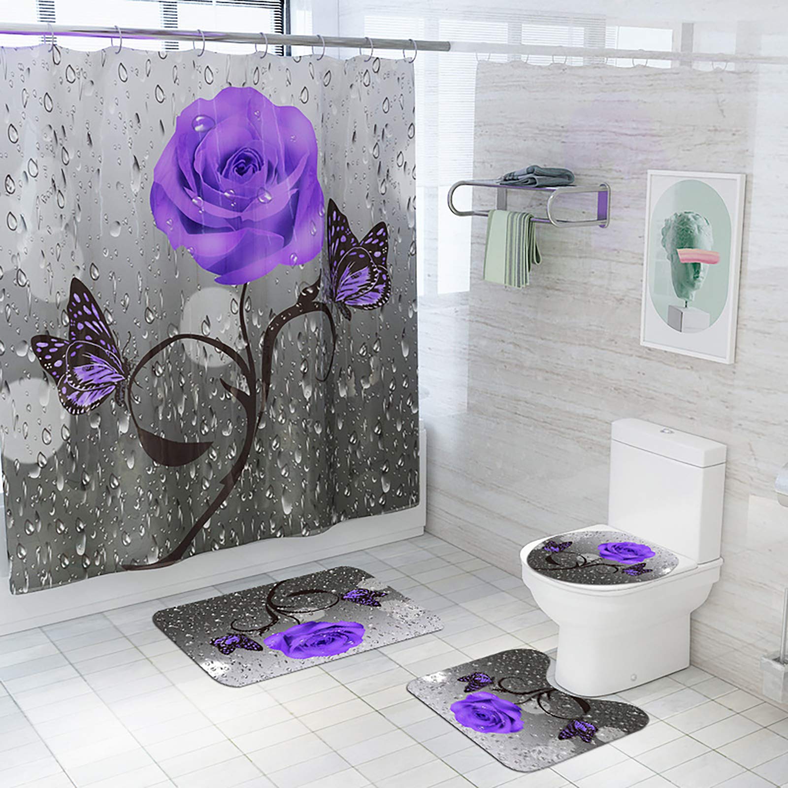 Rideau de douche tissu imperméable avec tapis de bain bleu rose motif papillon