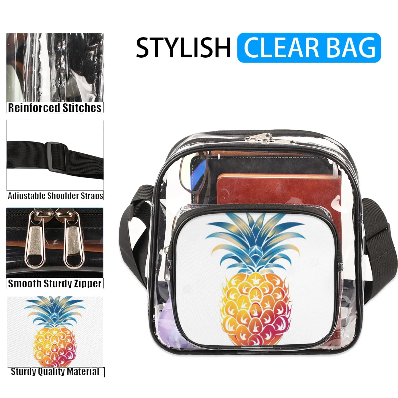 Clear Crossbody Bag Stadium Approved Pineapple Transparent Bag for Festivals, Sports Events, Concerts,Beach Bag for Women Men Clear Purse with Front Pocket Messenger Bag with Adjustable Strap