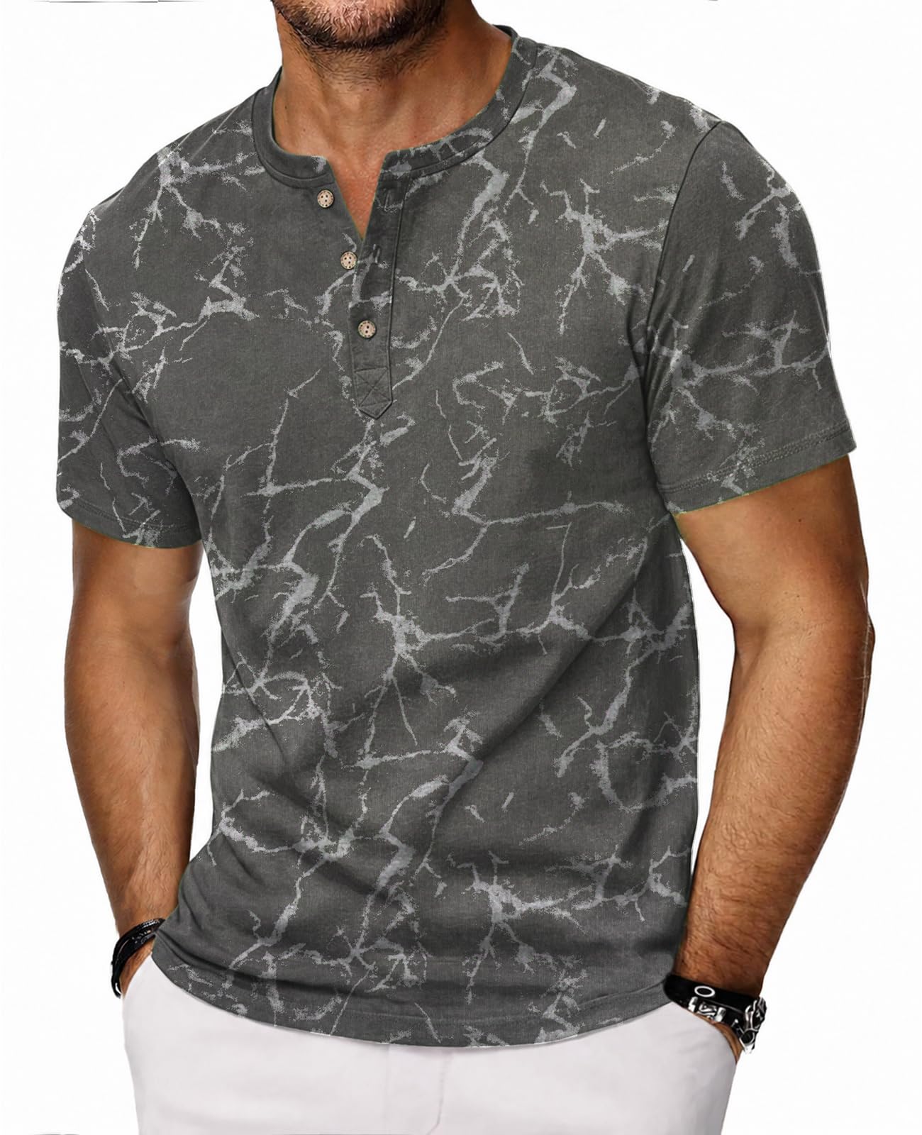HMIYA Hemd Herren 100% Baumwolle Vintage Henley Shirt Kurzarm T-Shirts für Herren Sommerhemd Beiläufig Männer