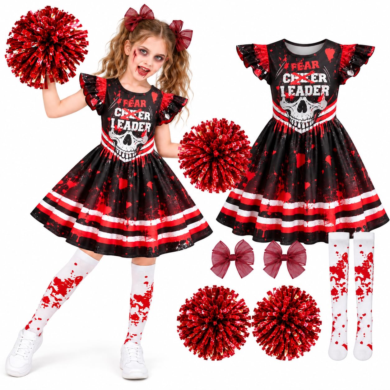 Zombie Cheerleader Halloween Costume for Kids Ages 18M-12Y,Zombie Fancy Dress Outfit for Girls with Pom Poms Tights Red High School Cheerleader Costume and Hair Clips Easy Halloween Kids Dress Up Pack