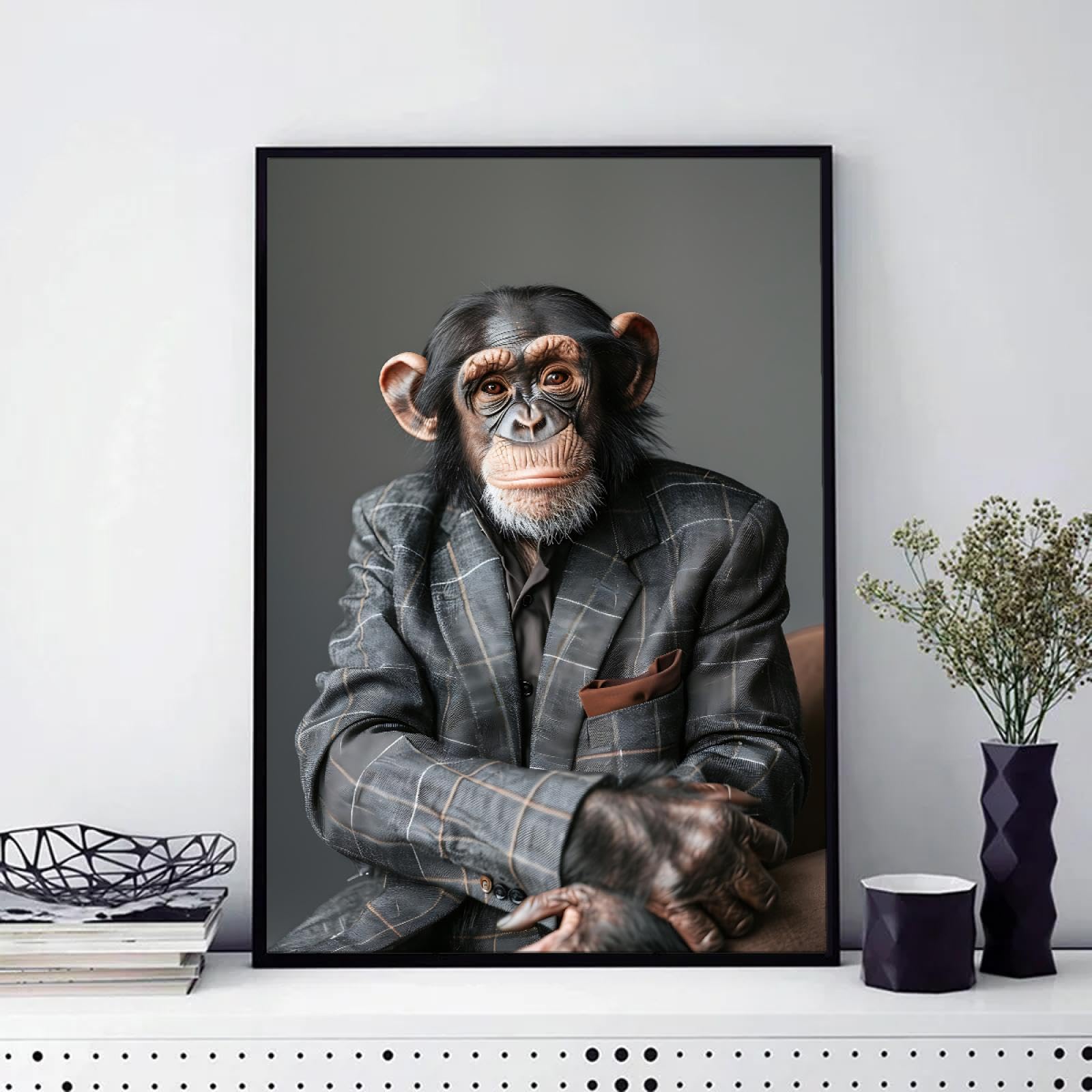 Via Vela Rétro Style Britannique Toile Mural Art Print Drôle Gentleman Animal Portrait Orang-outan Dans Un Costume À Carreaux Affiche Peinture Oeuvre d’Art Pour Bureau Decor 66x102cm Avec-Cadre-Noir