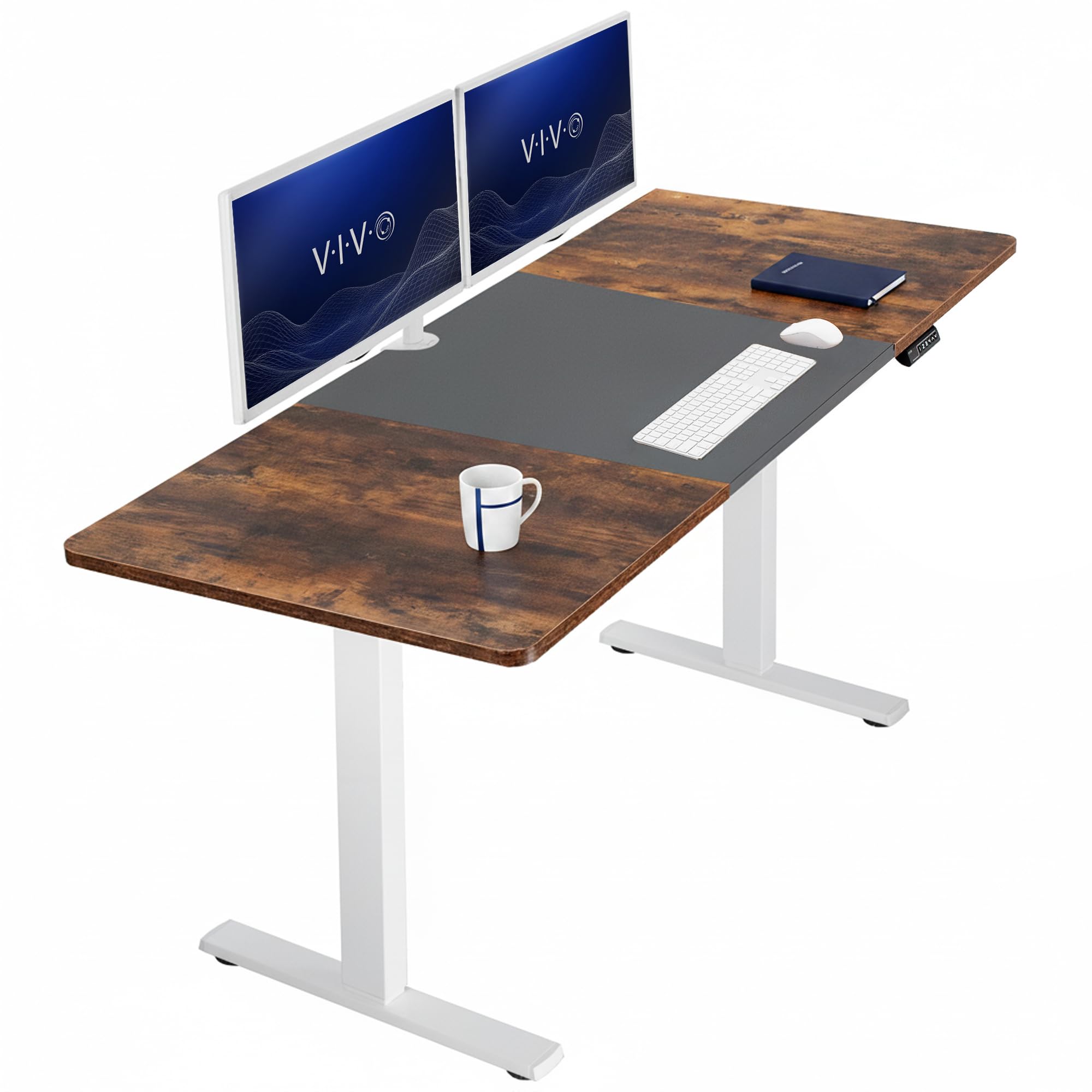 VIVO Black/Vintage Brown 71 x 30 in Standing Desk, DESK-KIT-1W7BN | Electric, Holds 220 lbs, Sit Stand, Height Adjustable, Extra Deep Table Top, Memory Presets, 1B Series, White Frame