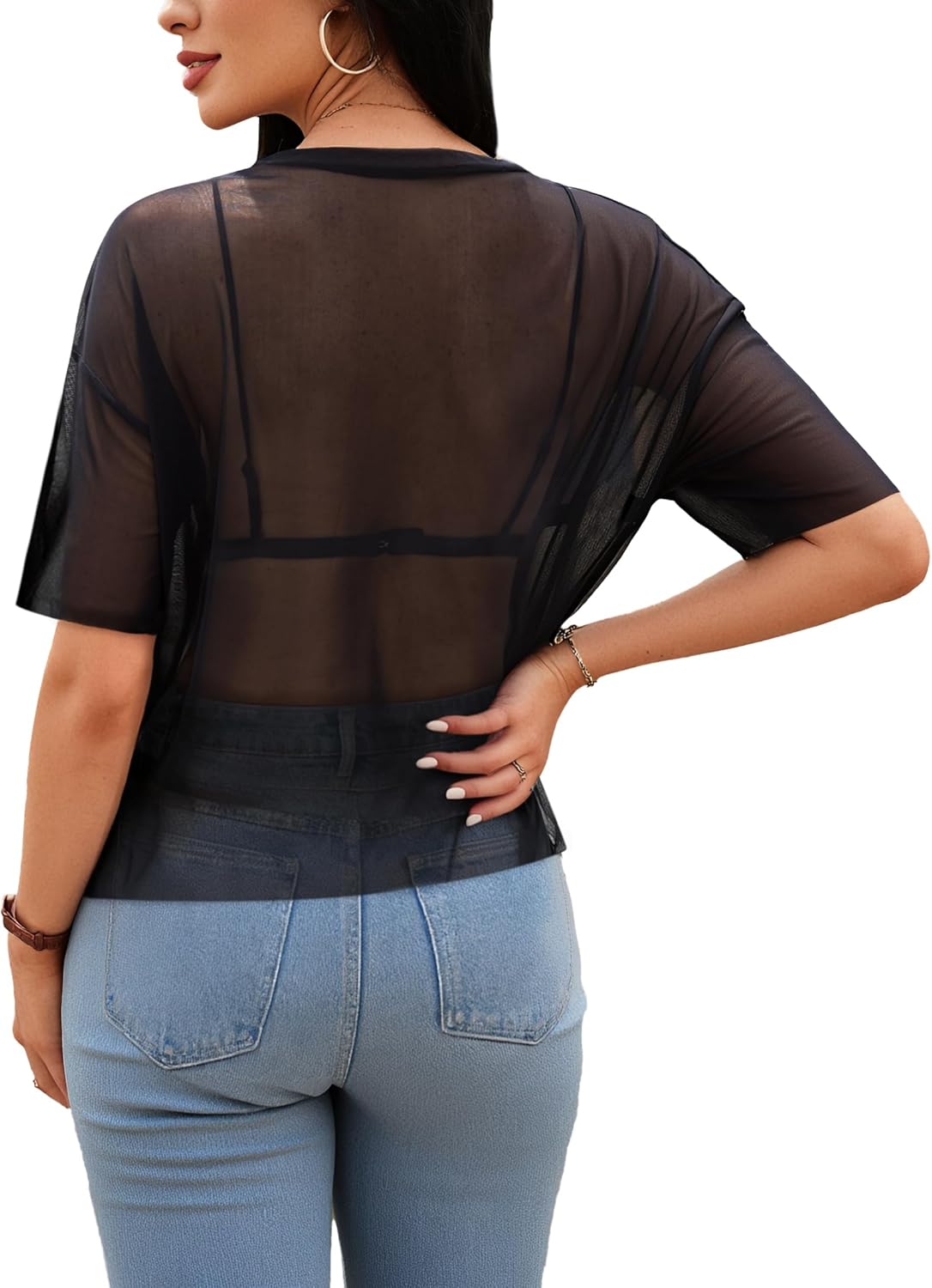 Remidoo Womens Sheer Mesh Tops Short Sleeve Crop Top Crewneck Loose T Shirt - Image 2