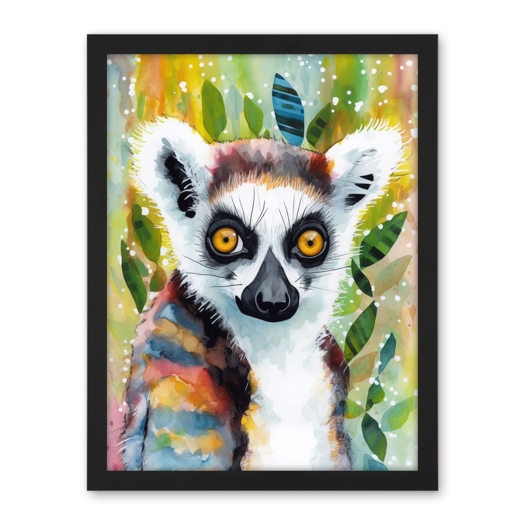 Artery8 Lemur Portrait Folk Art Watercolour Painting Artwork Framed Wall Art Print 18X24 Inch