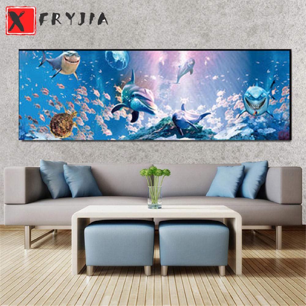 Kit de broderie diamant représentant un grand requin et divers poissons - Décoration artistique pour la maison - Rond - 50 x 150 cm