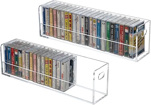Miniatura 6 de MyGift Moderno soporte de casetes compacto de acrílico transparente de alta calidad con asas de transporte recortadas, casete de audio retro, cintas