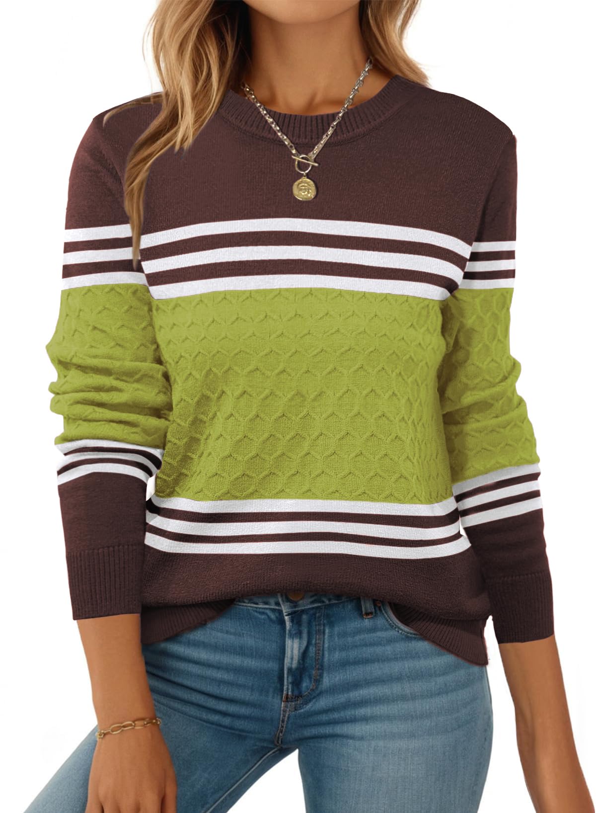 ZEAGOO Pullover Damen Strickpullover Langarm Rundhals Strickpulli Colorblock Elegant Pulli Gestreift Oberteile Herbst Winter S-XXL