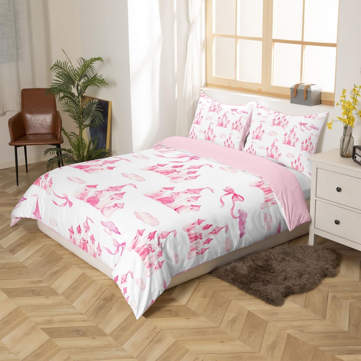 Homewish Dziewczęcy zamek poszewka na kołdrę urocza księżniczka kokardki poszewka na kołdrę, kreskówka wstążka kokarda zestaw pościeli król, romantyczna różowa estetyczna poszewka na kołdrę