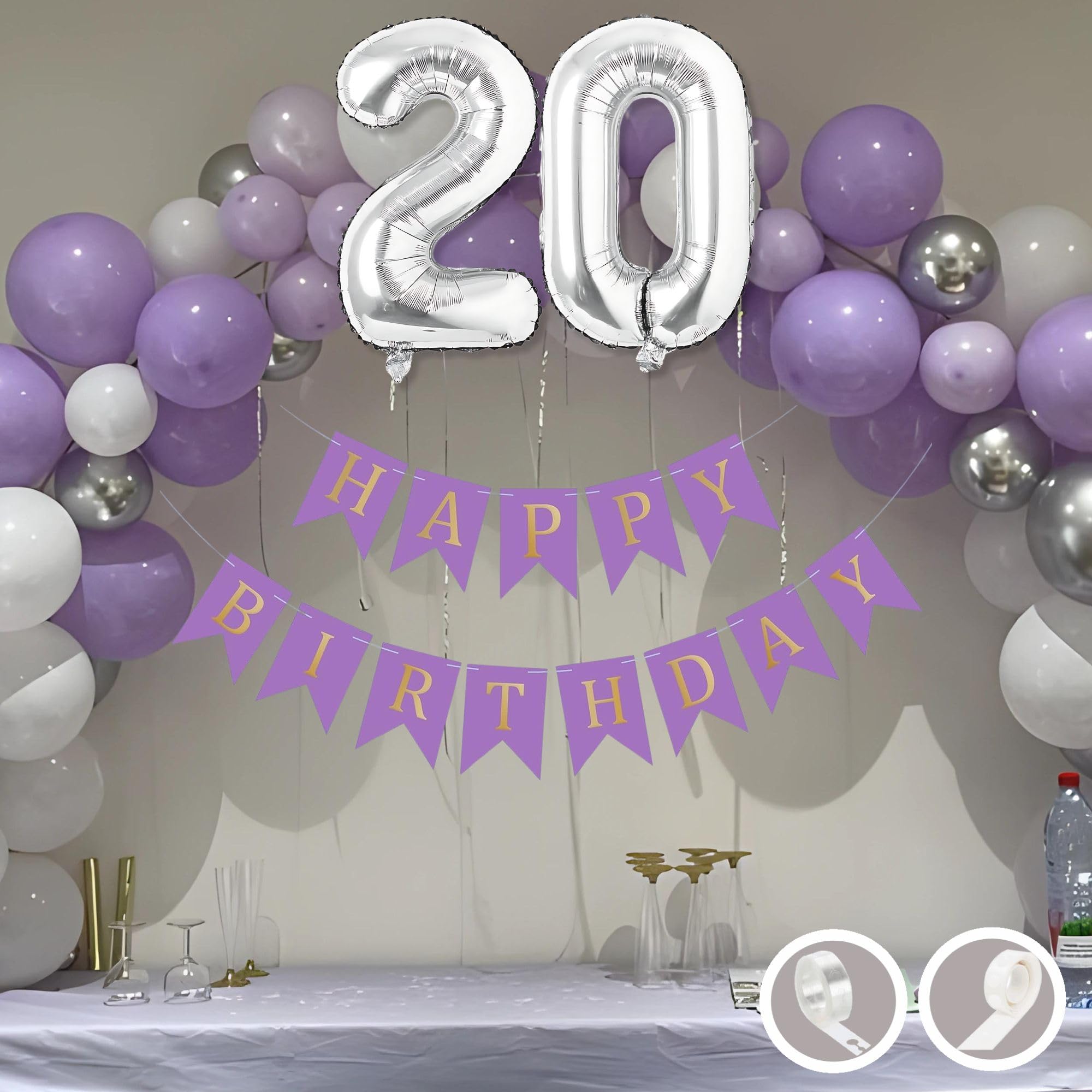 20th Birthday Decoration Items Purple and White Theme Combination for Boys Girls | 30 Pcs Purple White Silver Color Balloons | Purple Happy Birthday Banner | Arch Tape | Glue Dots-image-33