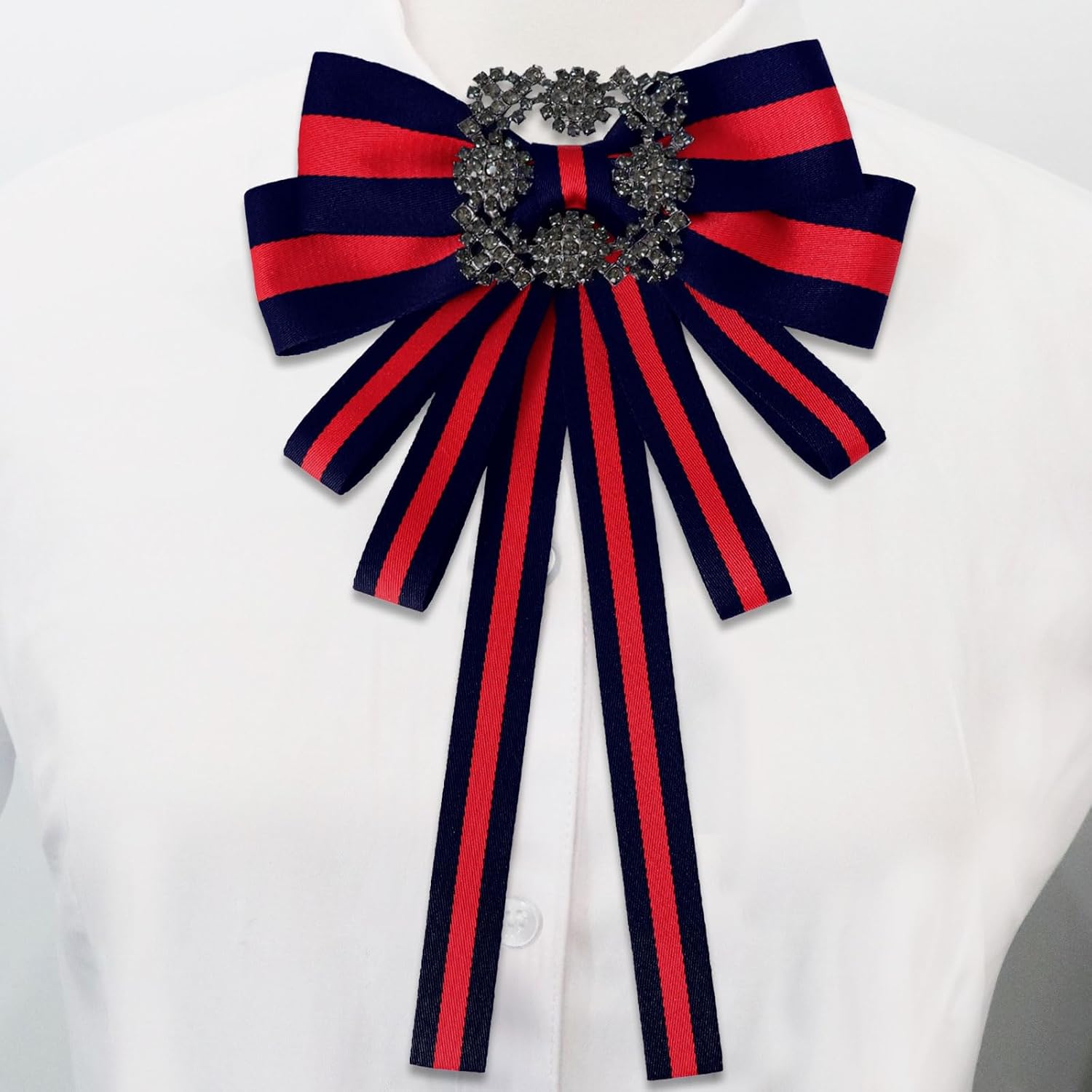 Striped Ribbon Bow Ties for Women with Rhinestone for Proms Evening image 2