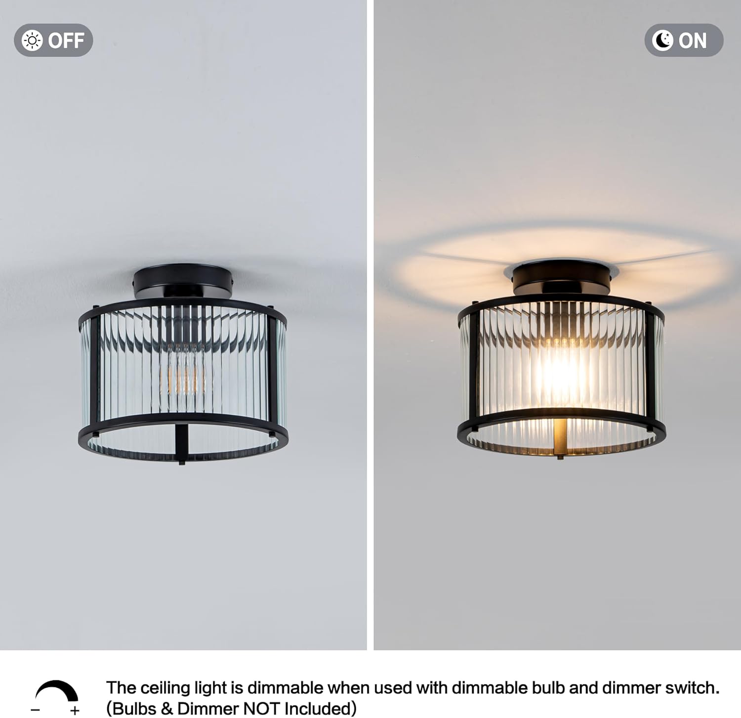 Modern Semi Flush Mount Ceiling Light, Clear Ribbed Glass Ceiling Light Fixture with Black Metal Frame, Farmhouse Light Fixture for Hallway, Bedroom, Entryway, Kitchen，Living Room