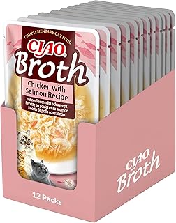 INABA Ciao Broth Wet Cat Food, 88% Moisture and Vitamin E, Premium Cat Soup with Chicken & Salmon, 40 g (Pack of 12), 100% Natural Meat, Grain-Free, Sugar Free product image