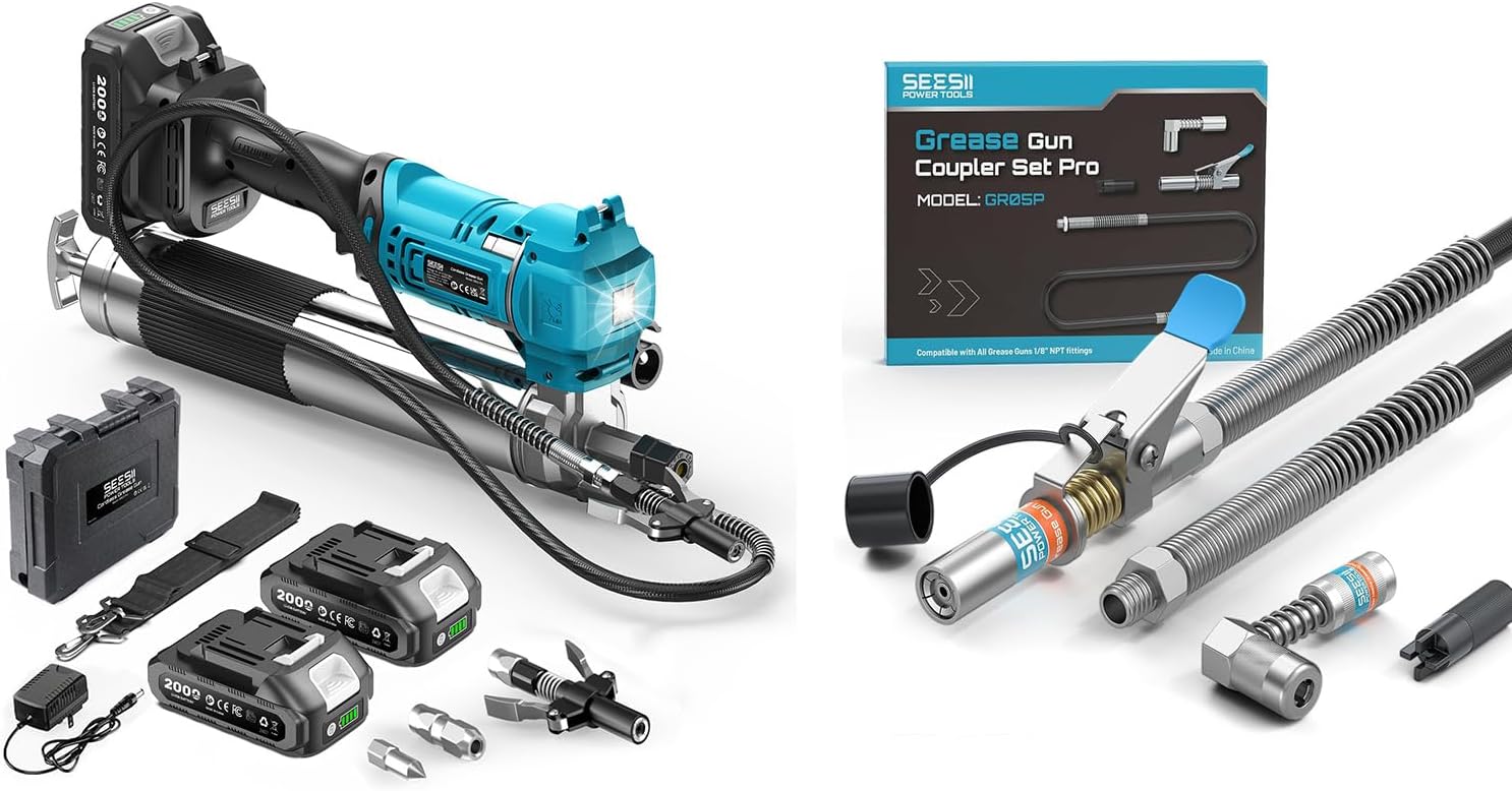 Seesii Grease Gun Electric Grease Gun Kit, High Efficiency 10,000 PSI 6.4 oz/min Battery Powered Grease Gun and Accessory Kit Pro