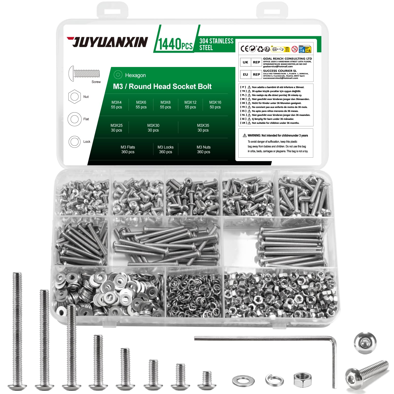 1440 Pcs M3 Screws Set, M3 Bolts and Nuts Set, Assorted Nuts and Bolts Set, Hex Socket Head Cap Screws Bolts and Nuts Set with Washers Set, Pan Head Round Head Machine Screws Assortment Kit
