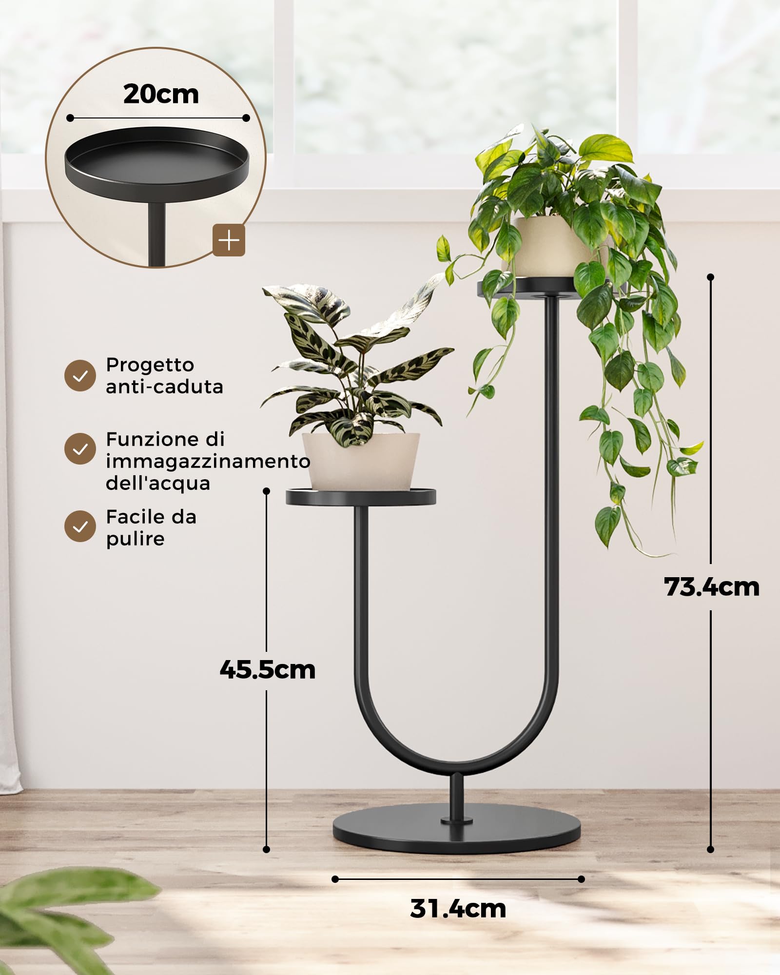 Bamworld Porta piante da interno in metallo nero, moderno supporto per piante a 2 livelli, stabile portavasi da balcone e porta piante da esterno per soggiorno e giardino
