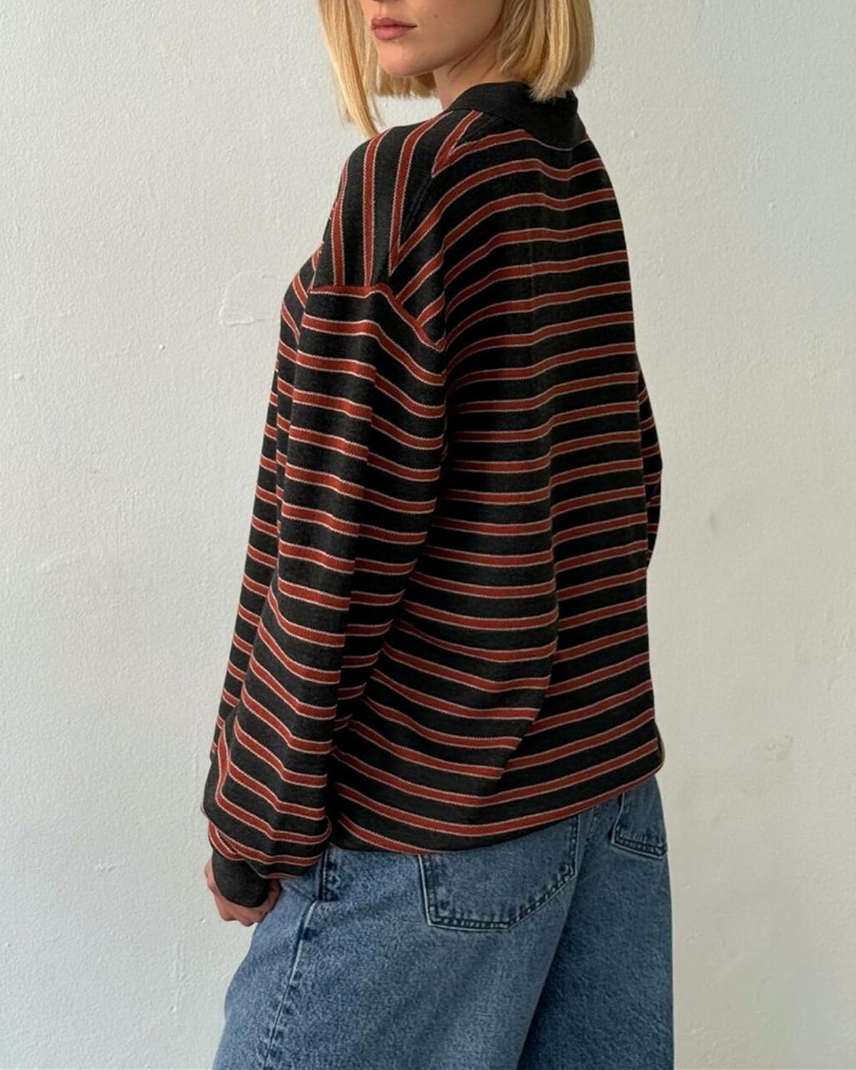 Women Y2K Oversized Striped Polo Sweater Vintage Aesthetic Preppy Knit Pullover Tops Long Sleeve Golf Rugby Sweater - Image 2