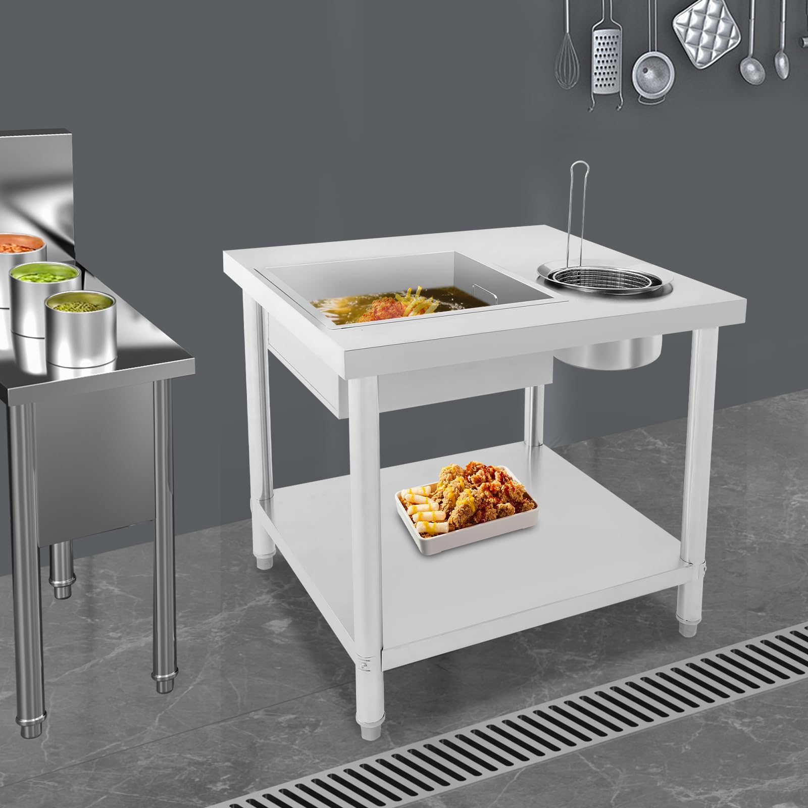 Mesa de preparación de pollo frito con 2 cuencos, mesa para preparar pollo frito, 2 cestas, estante inferior, patas ajustables en altura, 80 x 55 x 80 cm, para comida rápida, restaurante