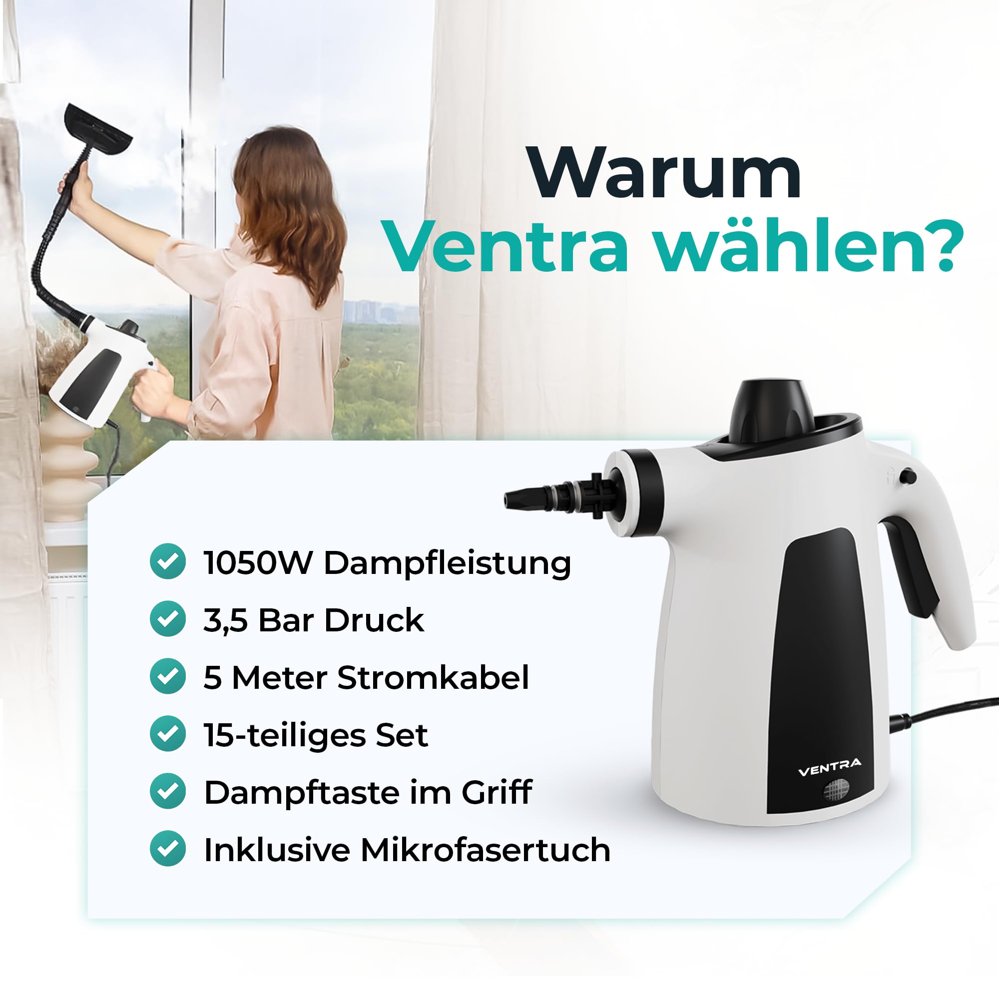 VENTRA® 15-teilig Dampfreiniger – Handdampfreiniger – 3.5 Bar | Extra leistungsstarkes, 5 Meter Stromkabel, inklusive Mikrofasertuch
