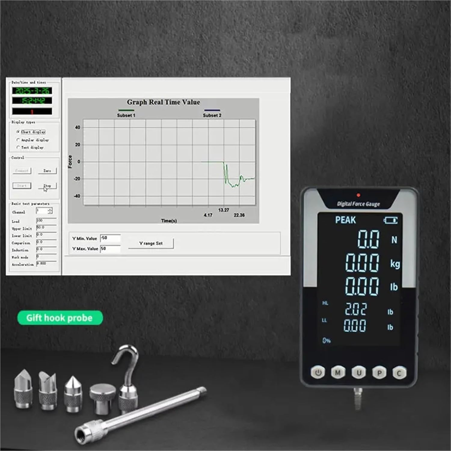 DF-50N;5KG;11LB Digital Force Gauge Portable Pull Push Force Gauge Measuring Instrument Dynamometer with Computer for Load Cell