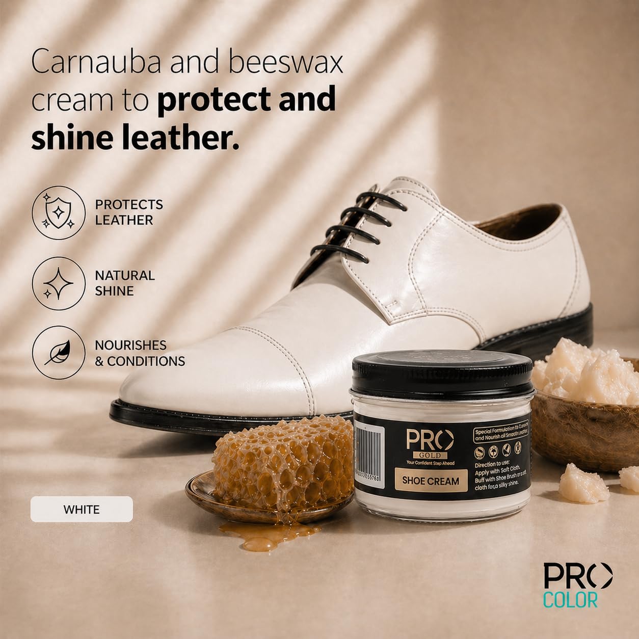 PRO Shoe Cream Polish (White) | Natural Waxes Formula for Leather Shoes | Enriched with Carnauba & Bees Wax | Long-Lasting Shine | Leather Shoe Cream Polish | (45ML) 3