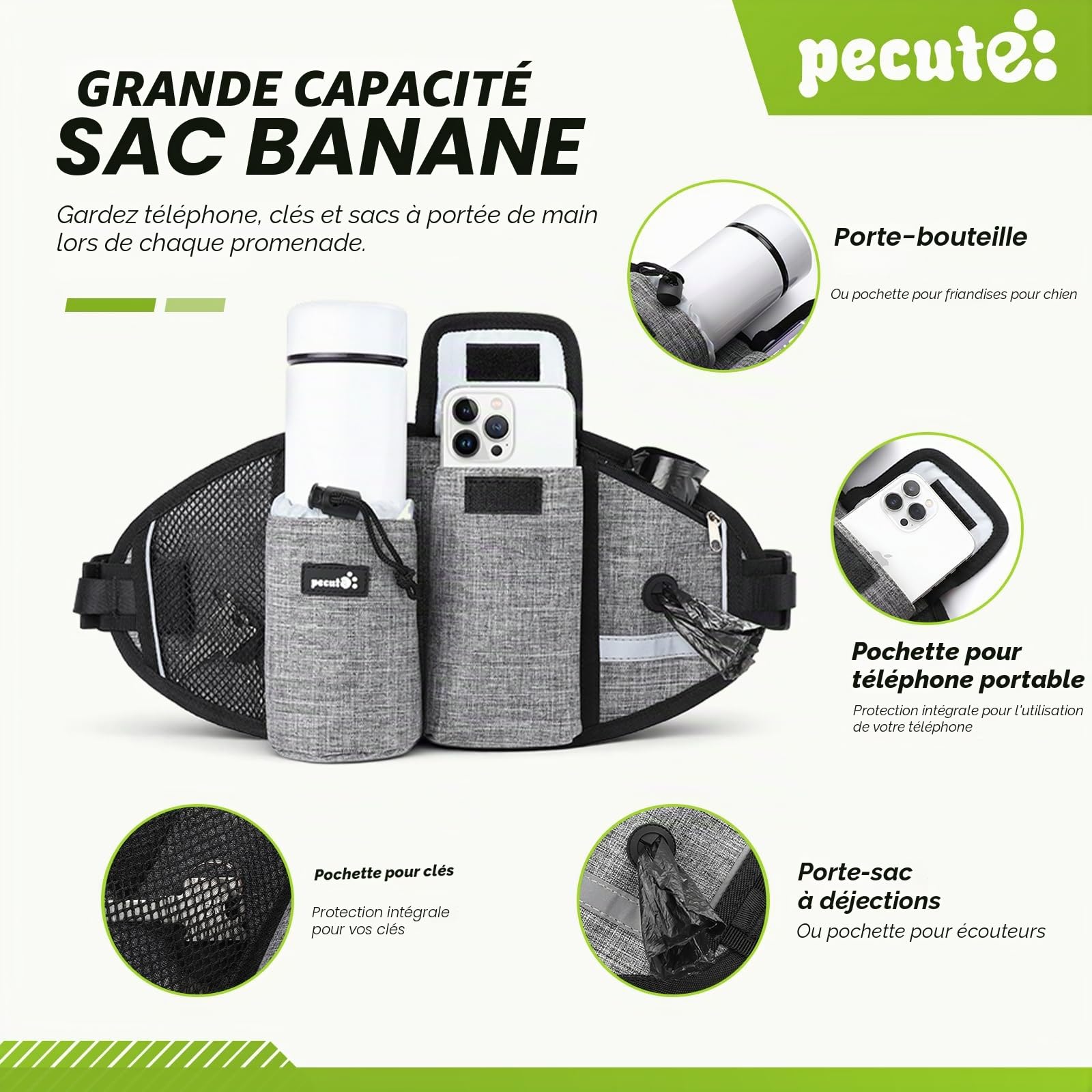 Pecute Laisse Canicross Chien Mains Libres Jusqu'à 50kg Absorption de Choc Couture Réfléchissante