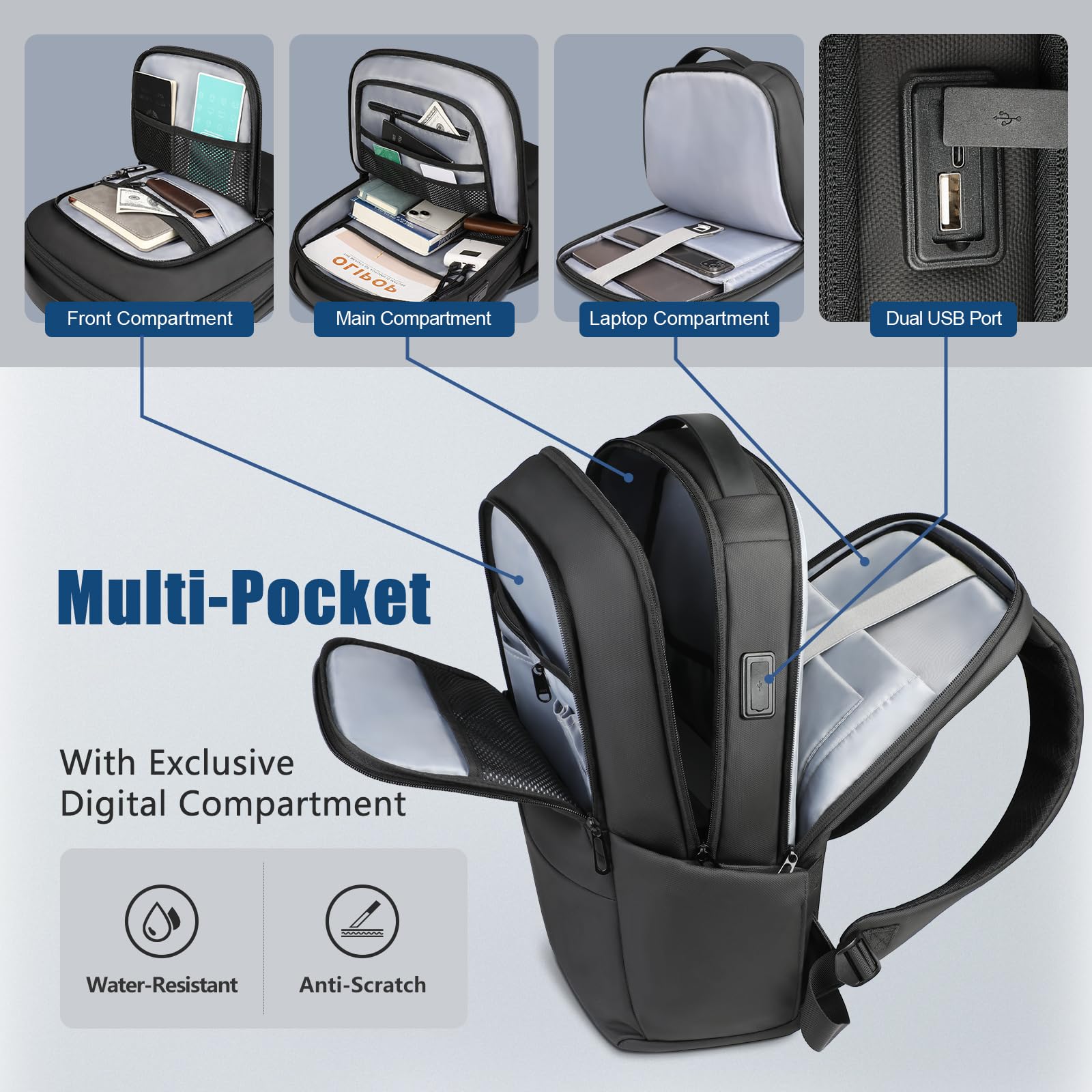 Sac à Dos Homme Sac a Dos pour Ordinateur Portable PC 15,6 pouces | avec USB Sac à Dos Élégant Antivol Sacs à Dos Décontractés pour Affaire Université Travail Voyage